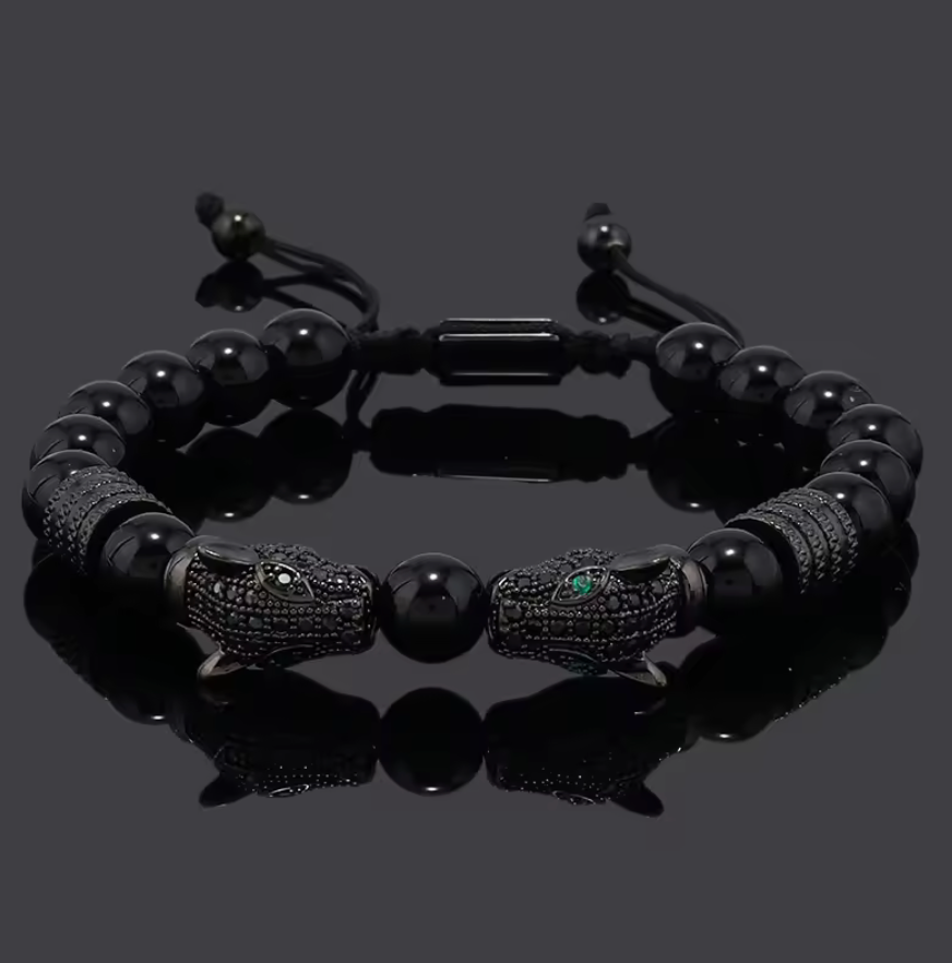 Kissing Mayan Jaguars Obsidian Stone Beads Bracelet Bracelets Men or Women (#14)