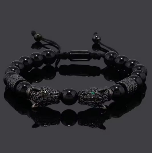 Kissing Mayan Jaguars Obsidian Stone Beads Bracelet Bracelets Men or Women (#14)