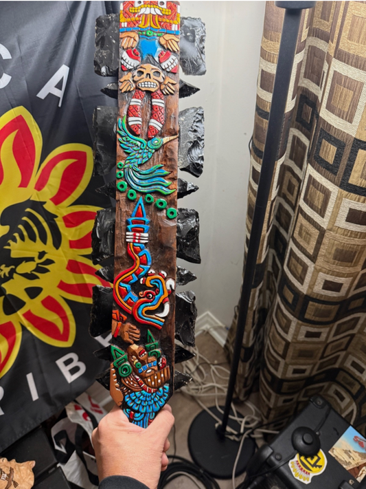 Large Aztec Macuahuitl Mictlantecuhtli, Coatlicue, Kukulkan, Coyolxuahqui Club 31.5"