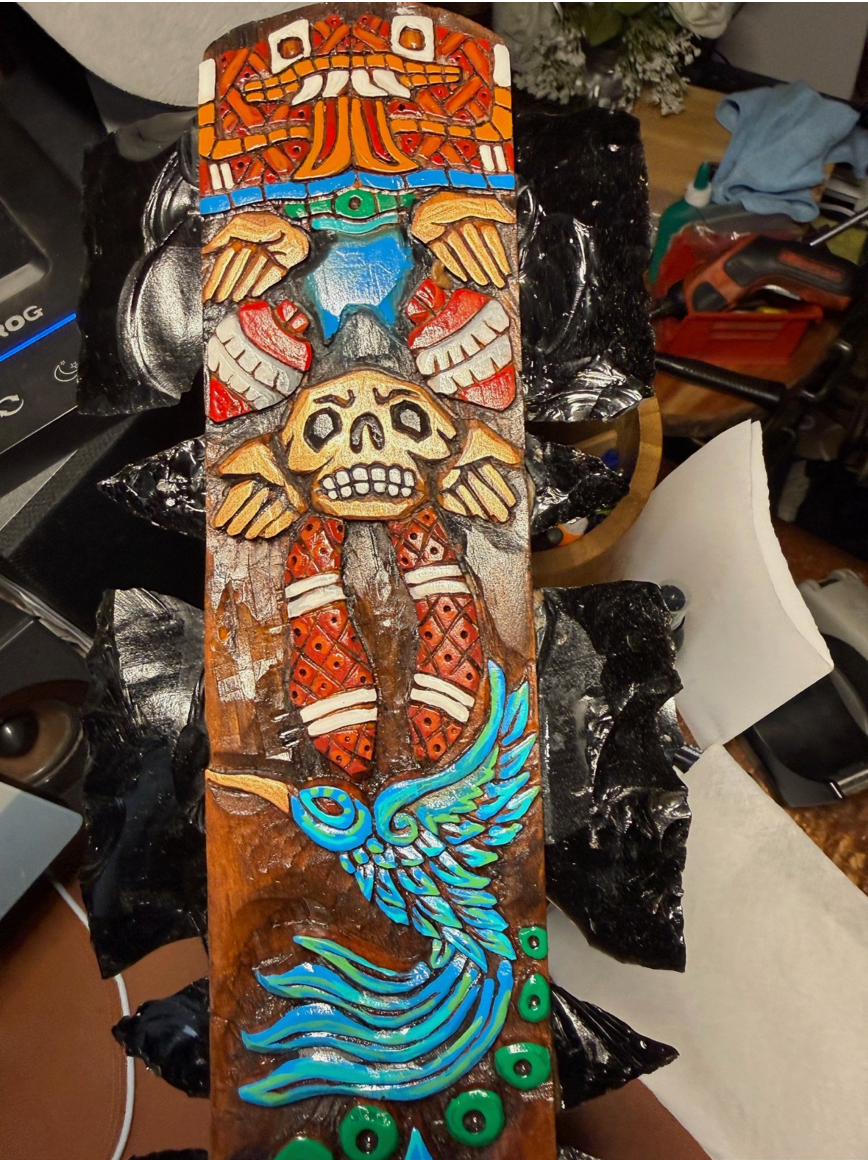 Large Aztec Macuahuitl Mictlantecuhtli, Coatlicue, Kukulkan, Coyolxuahqui Club 31.5"