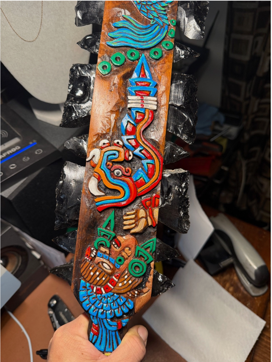 Large Aztec Macuahuitl Mictlantecuhtli, Coatlicue, Kukulkan, Coyolxuahqui Club 31.5"