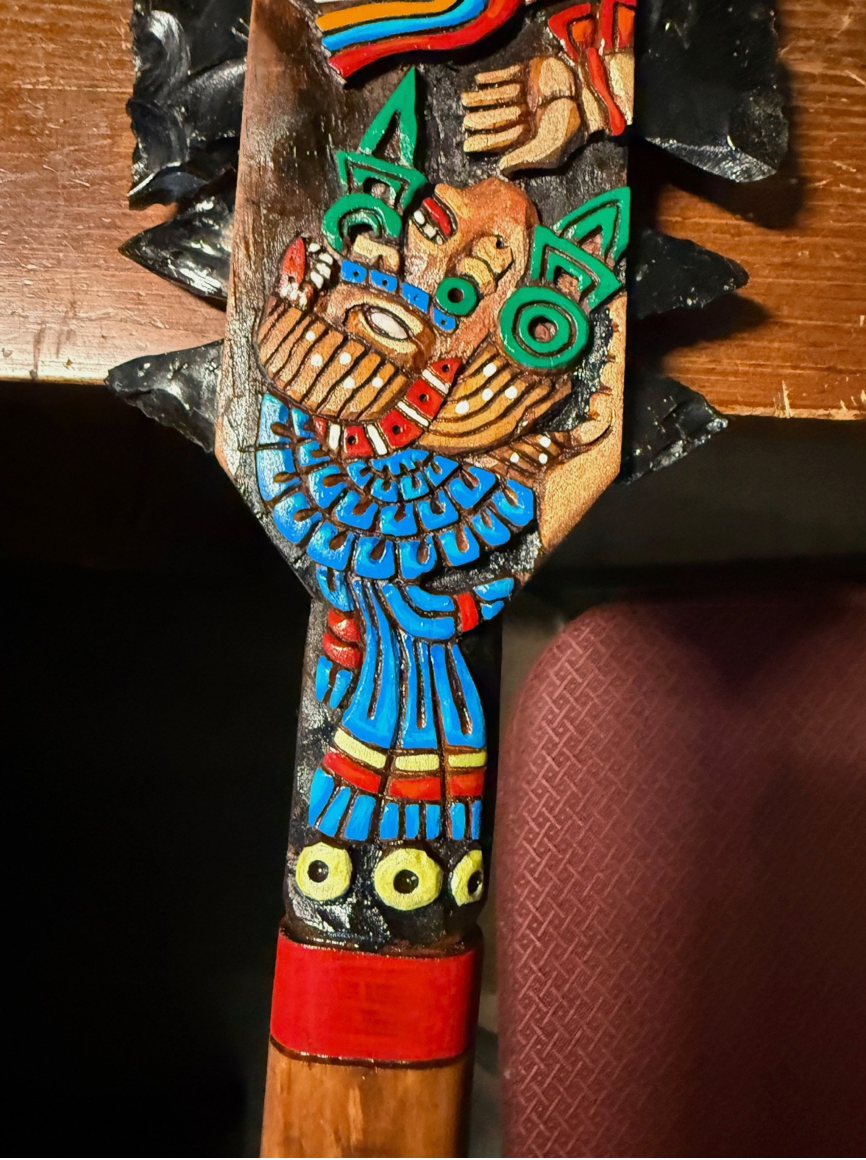 Large Aztec Macuahuitl Mictlantecuhtli, Coatlicue, Kukulkan, Coyolxuahqui Club 31.5"