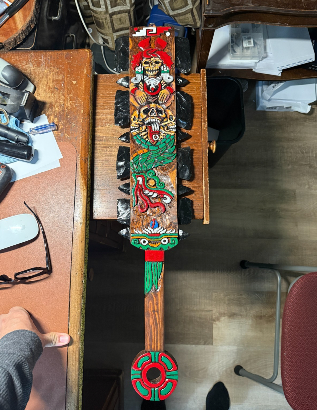 Large Aztec Macuahuitl Mictlantecuhlti, Quetzalcoatl Kukulkan, Sword Club 31.5"