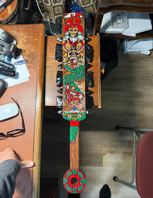 Large Aztec Macuahuitl Mictlantecuhlti, Quetzalcoatl Kukulkan, Sword Club 31.5"