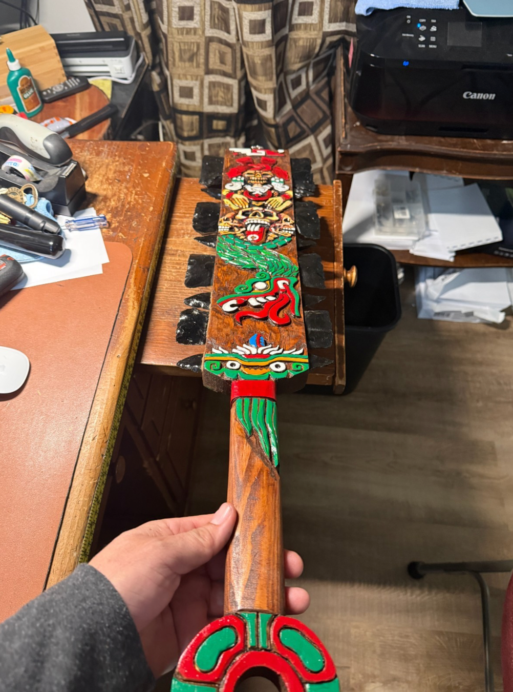 Large Aztec Macuahuitl Mictlantecuhlti, Quetzalcoatl Kukulkan, Sword Club 31.5"