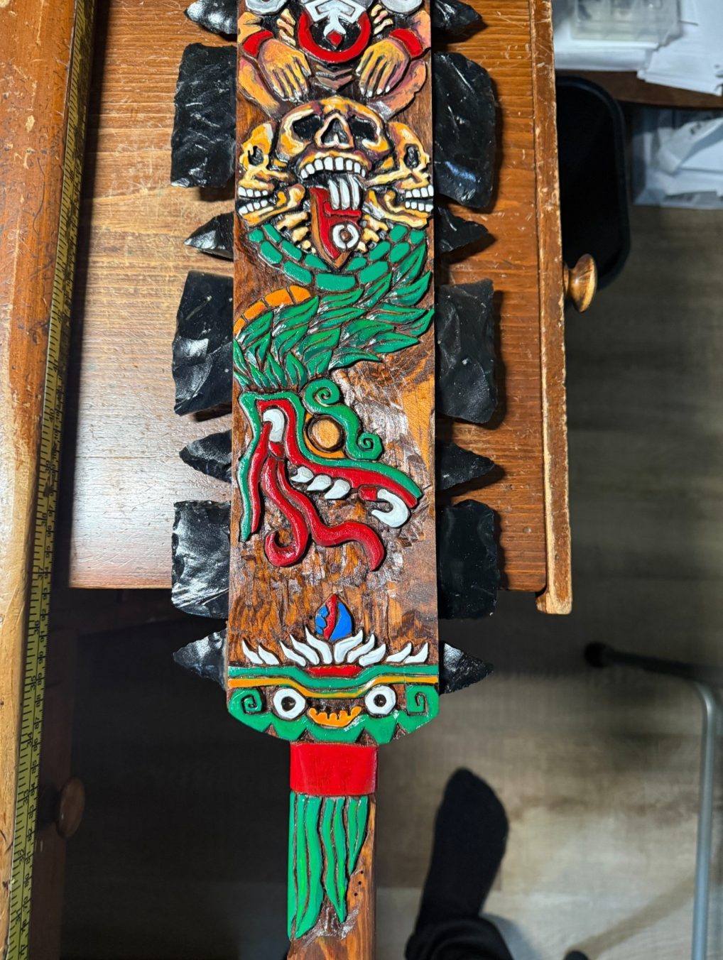 Large Aztec Macuahuitl Mictlantecuhlti, Quetzalcoatl Kukulkan, Sword Club 31.5"