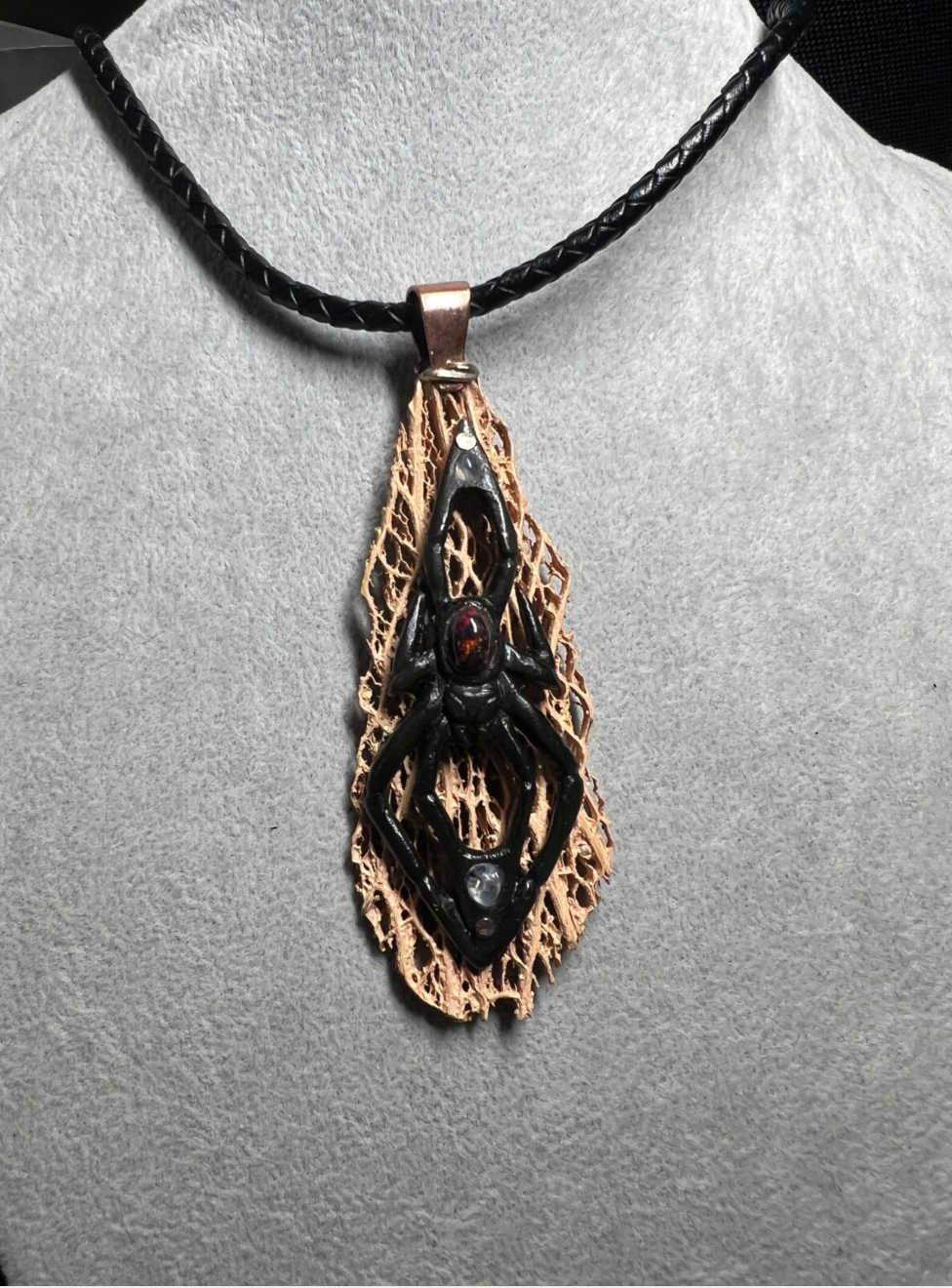 Black Widow Spider Pendant, Bull Horn, Skeleton, Opal, Halloween Mexico (#H)