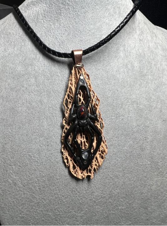 Black Widow Spider Pendant, Bull Horn, Skeleton, Opal, Halloween Mexico (#H)