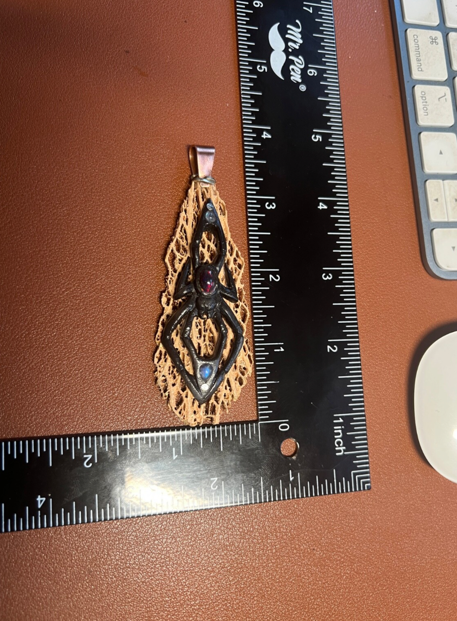 Black Widow Spider Pendant, Bull Horn, Skeleton, Opal, Halloween Mexico (#H)