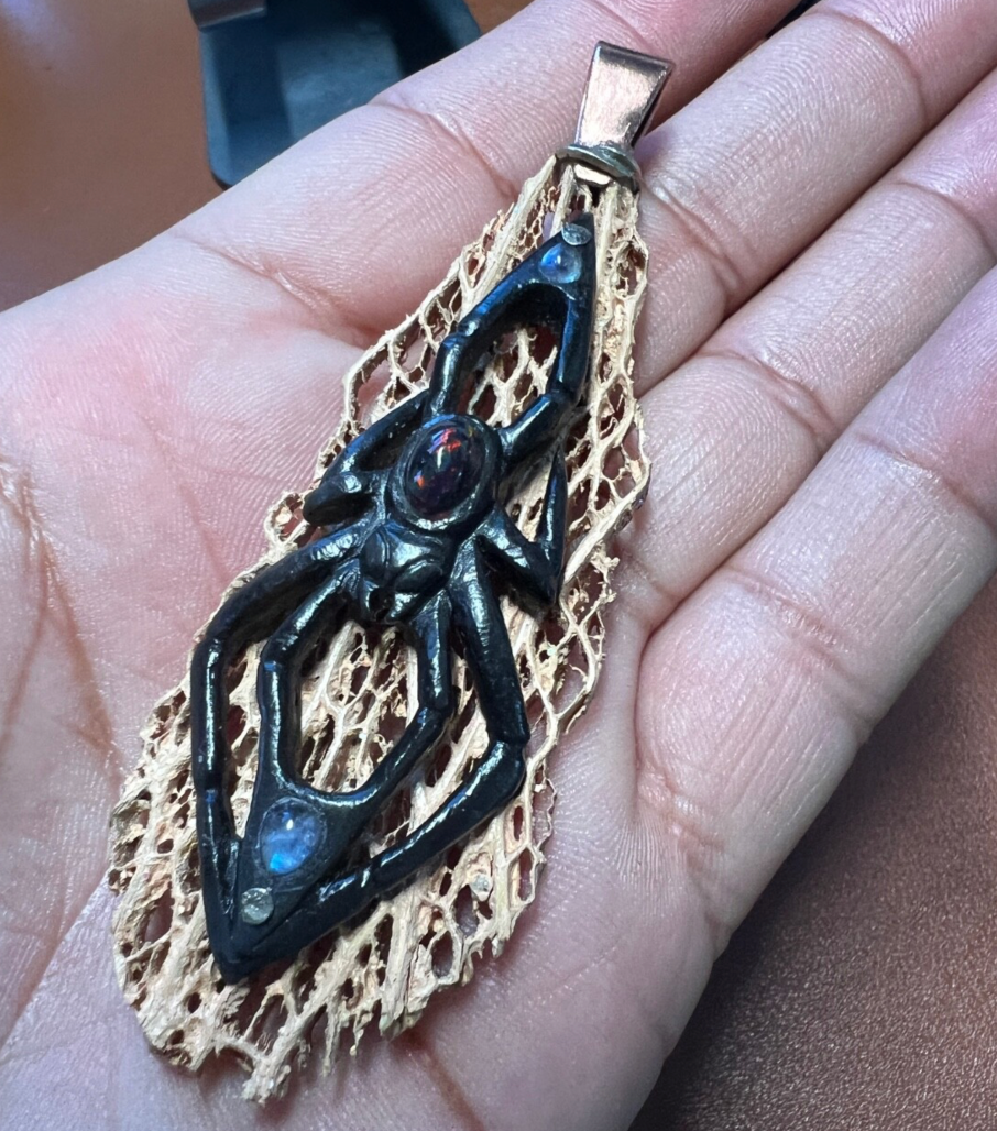 Black Widow Spider Pendant, Bull Horn, Skeleton, Opal, Halloween Mexico (#H)