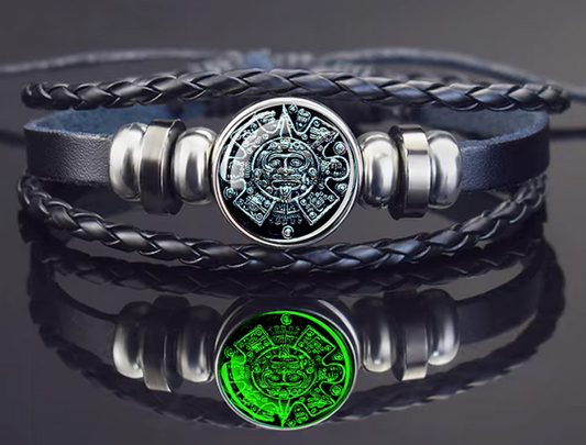 Aztec Calendar Bracelet, Glow In Dark, braided leather, silver tone adornments, adjustable, handmade from Mexico (#4)