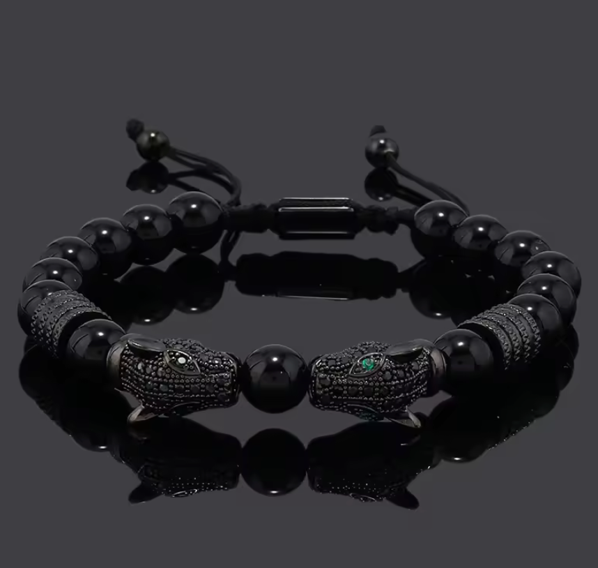 Kissing Mayan Jaguars Obsidian Stone Beads Bracelet Bracelets Men or Women (#2)