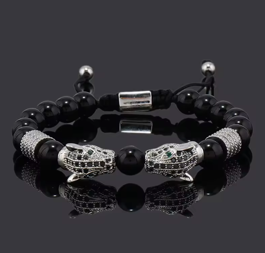 Kissing Mayan Jaguars Obsidian Stone Beads Bracelet Bracelets Men or Women (#2)