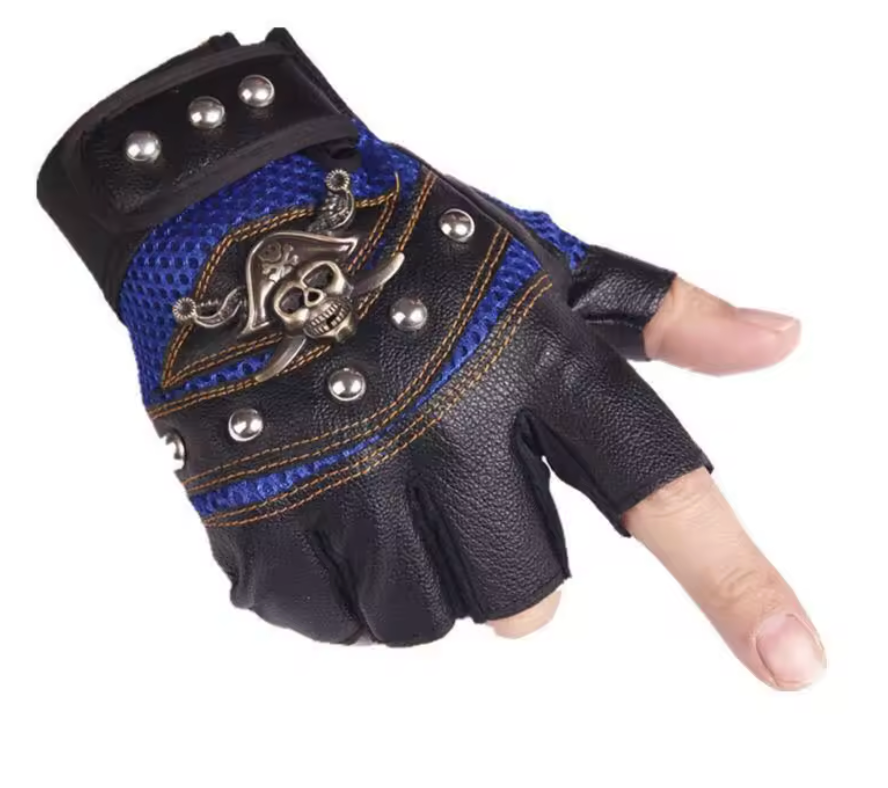 Pirate Skull Rivet Gloves  Rocker Half Finger Motorcycle Driving Caribbean (#40)