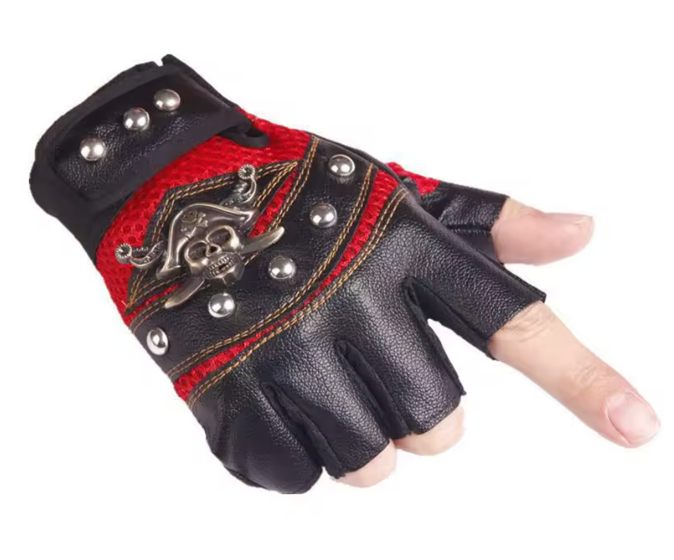 Pirate Skull Rivet Gloves  Rocker Half Finger Motorcycle Driving Caribbean (#40)