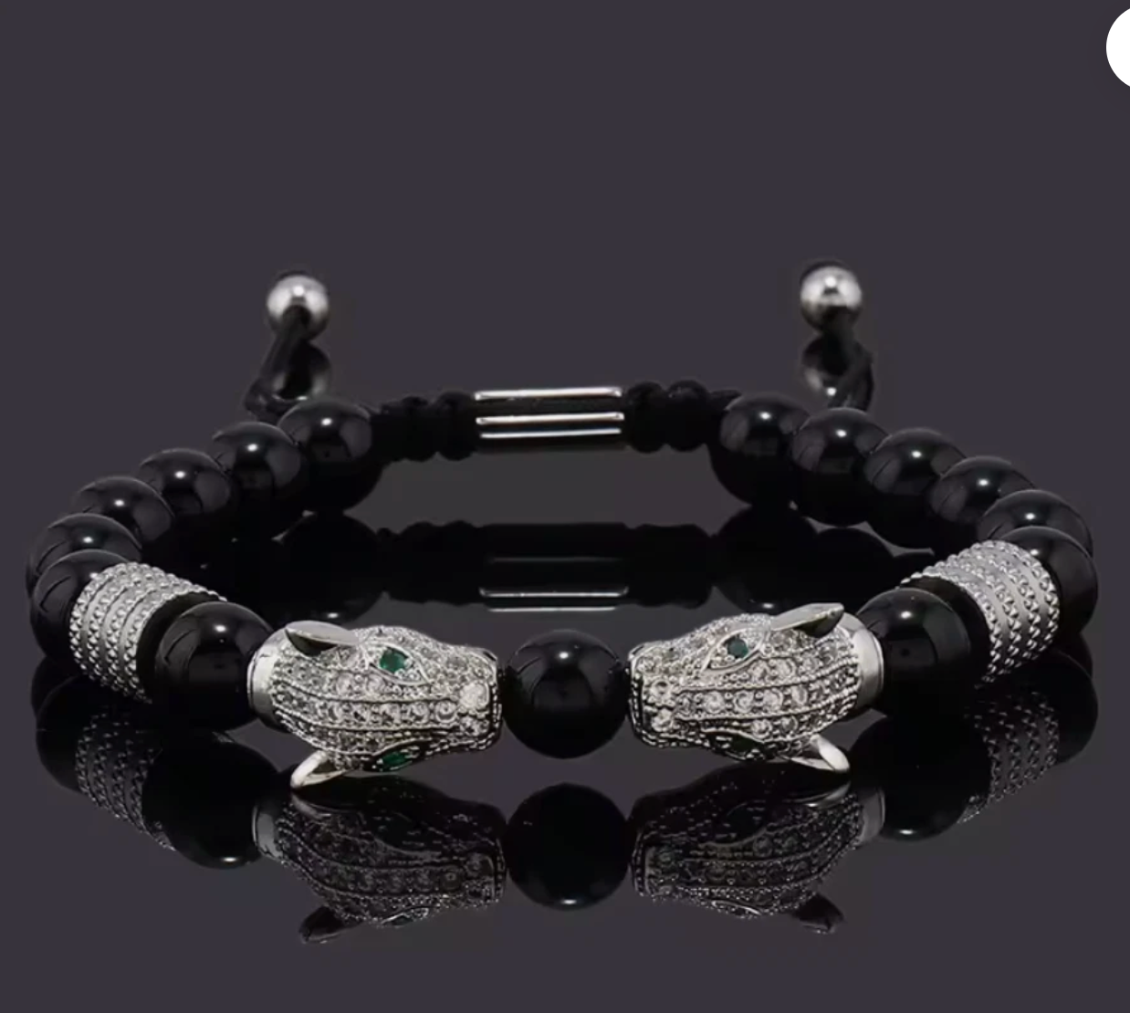 Kissing Mayan Jaguars Obsidian Stone Beads Bracelet Bracelets Men or Women (#2)