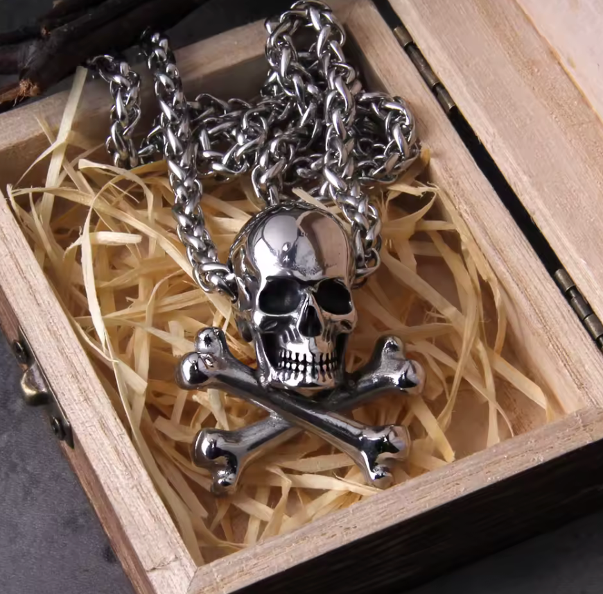 Treasure Chest Skull Crossbones Chain Pendant Necklace Pirates Caribbean