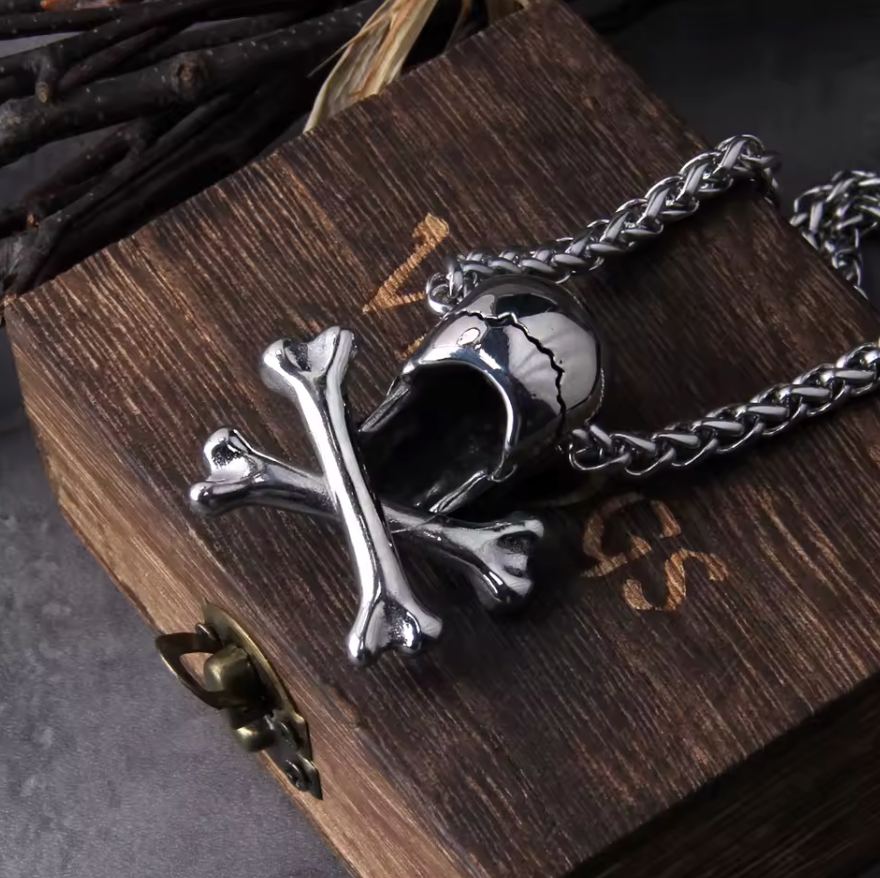 Treasure Chest Skull Crossbones Chain Pendant Necklace Pirates Caribbean