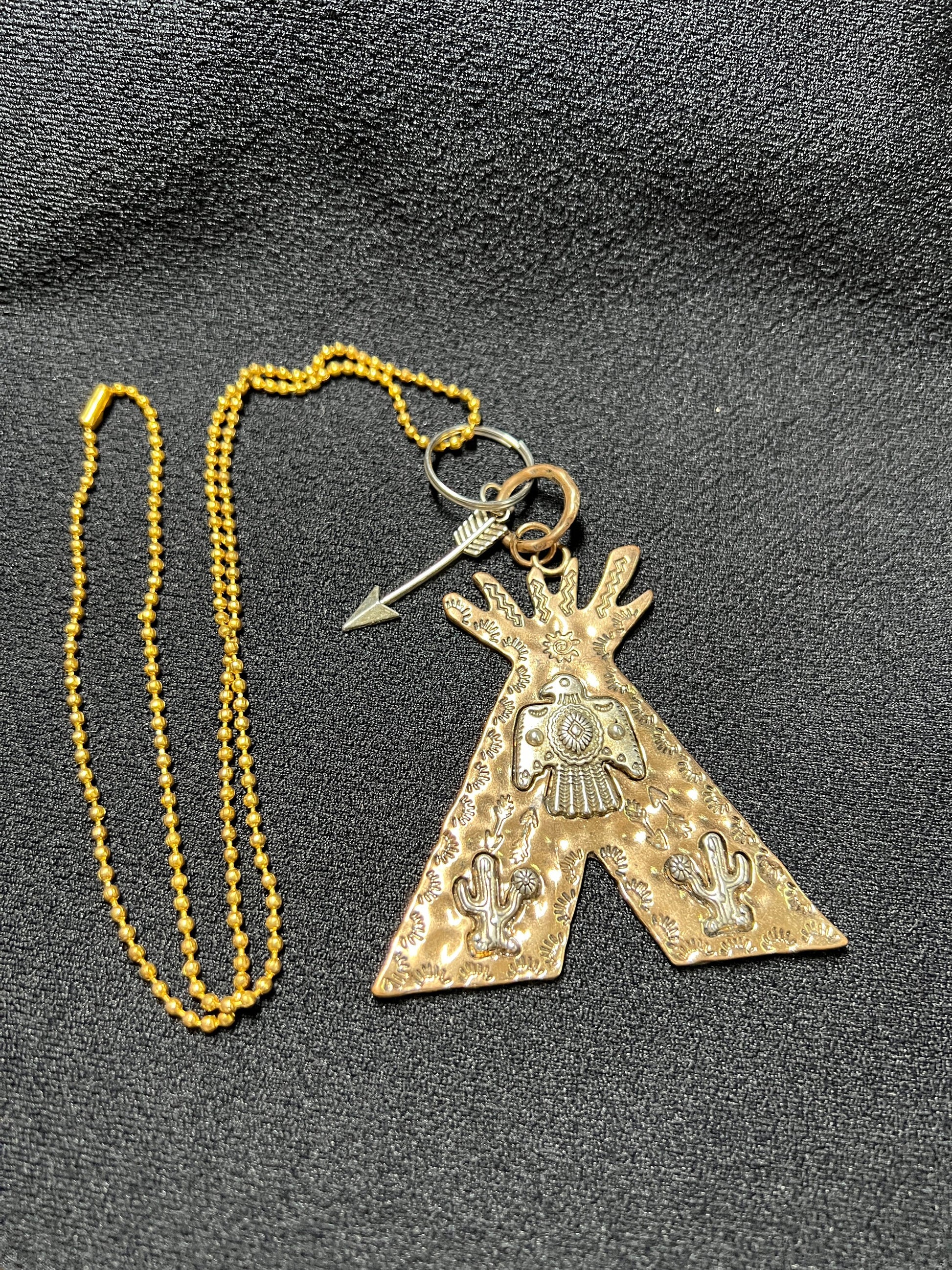 Native American Pendant, Tee-Pee, Thunderbird, Cactus, Arrows, Brass, Vintage