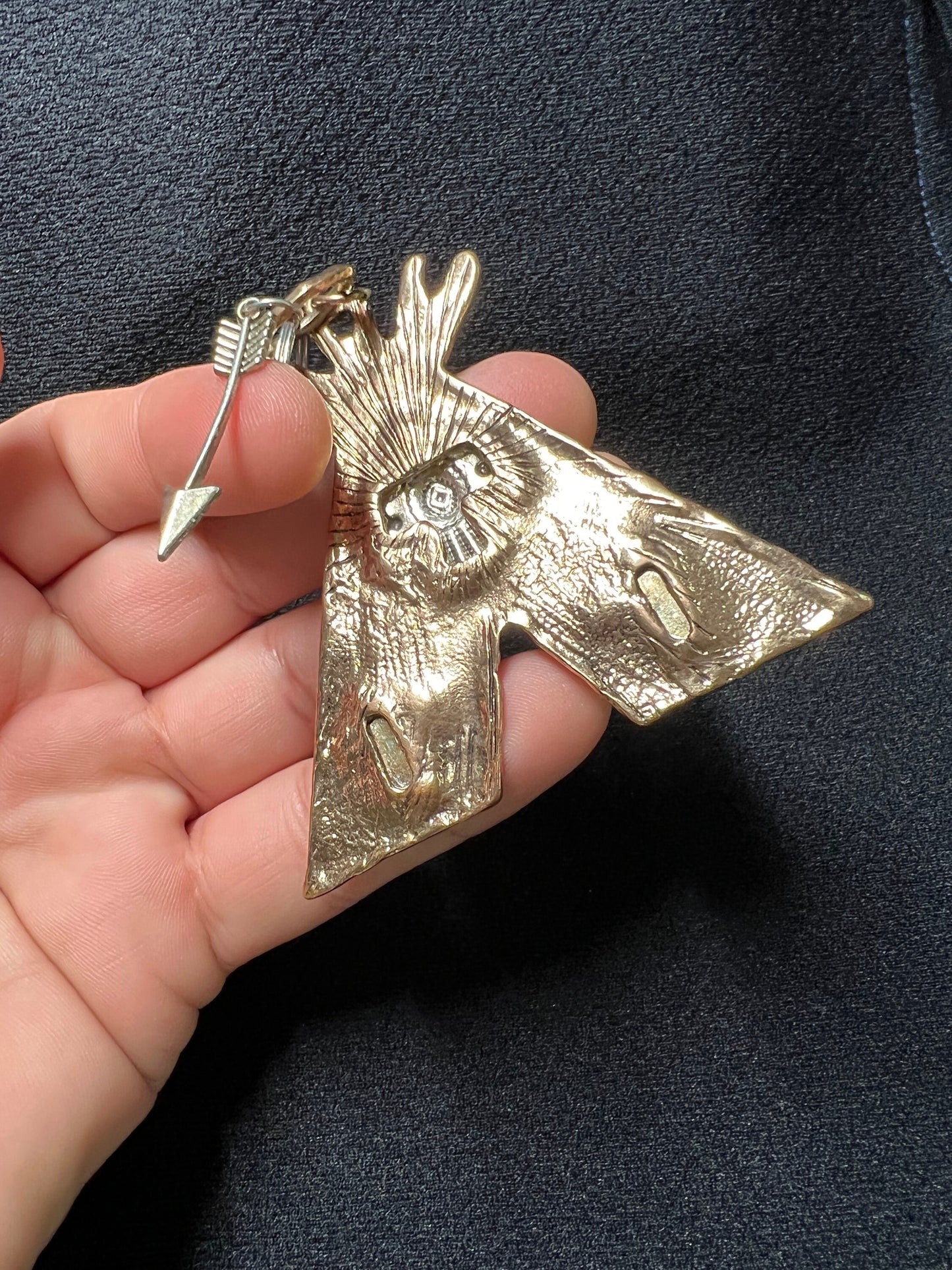 Native American Pendant, Tee-Pee, Thunderbird, Cactus, Arrows, Brass, Vintage