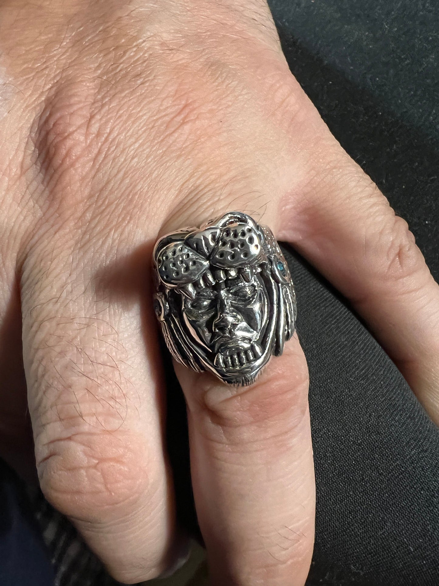 Jaguar Warrior Ring, Azteca, Maya, Sterling Silver, Size 11, with Red and Agua Marina Zirconia from Mexico (#0)