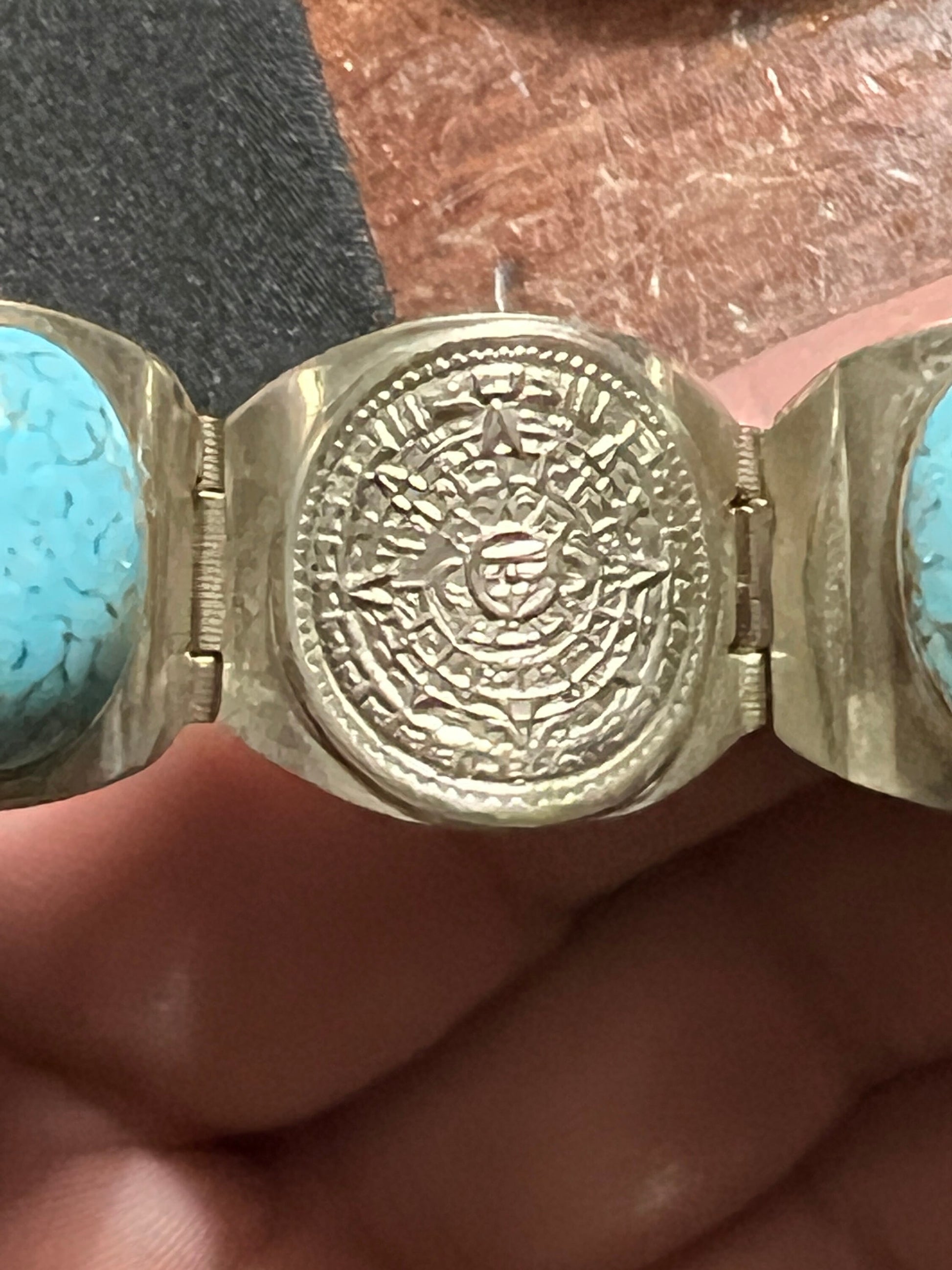 Native American Aztec Vintage Sterling Silver Turquoise bracelet 6 3/4" long, Aztec Calendar, Eagle Warrior, Pyramids (#1)