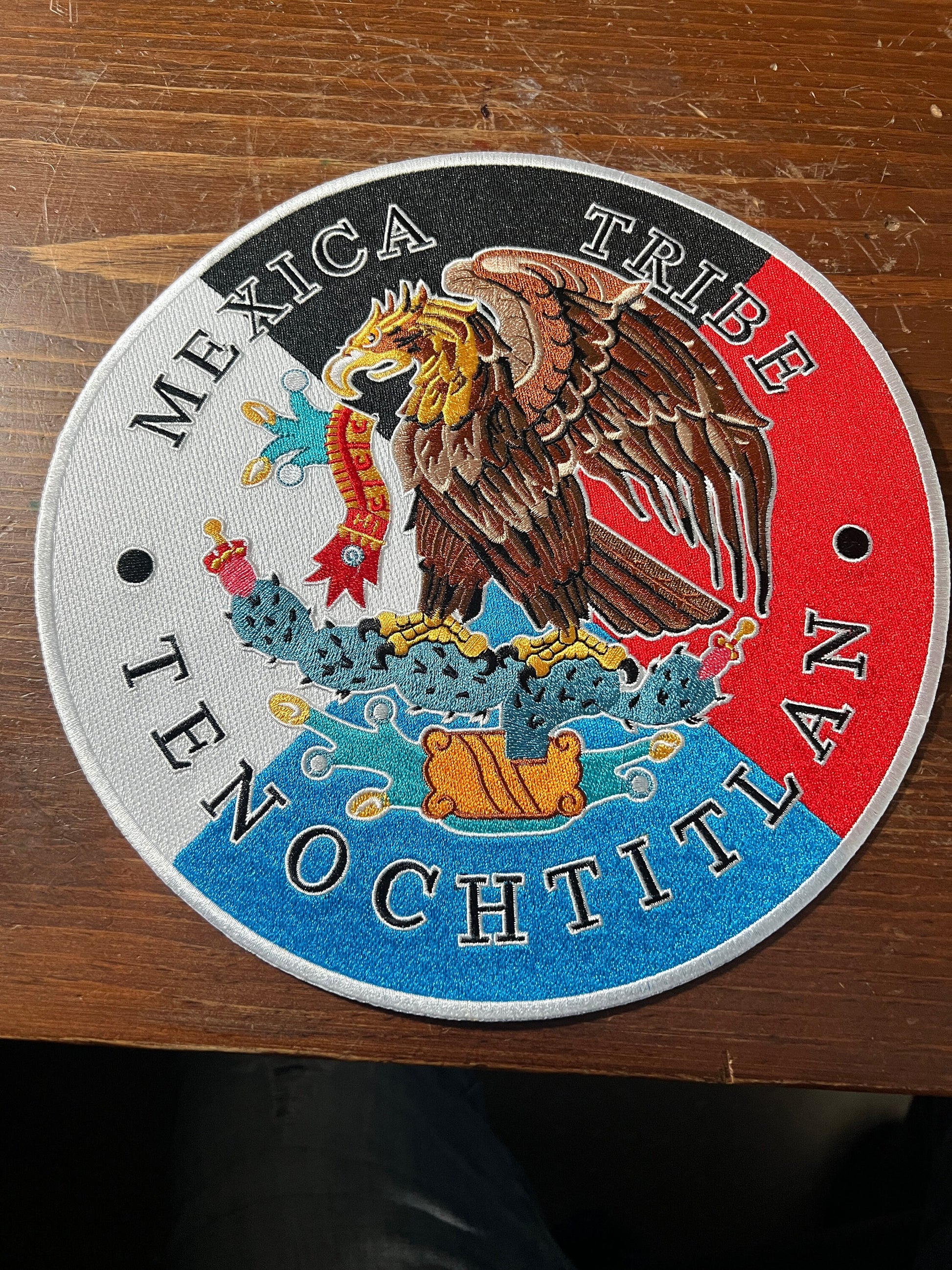 Large Mexica Tribe Patch Tenochtitlan 9" Round Back Patches, Aztec, Azteca, Mexico, Eagle atl-tlachinolli water-fire, cardinal colors