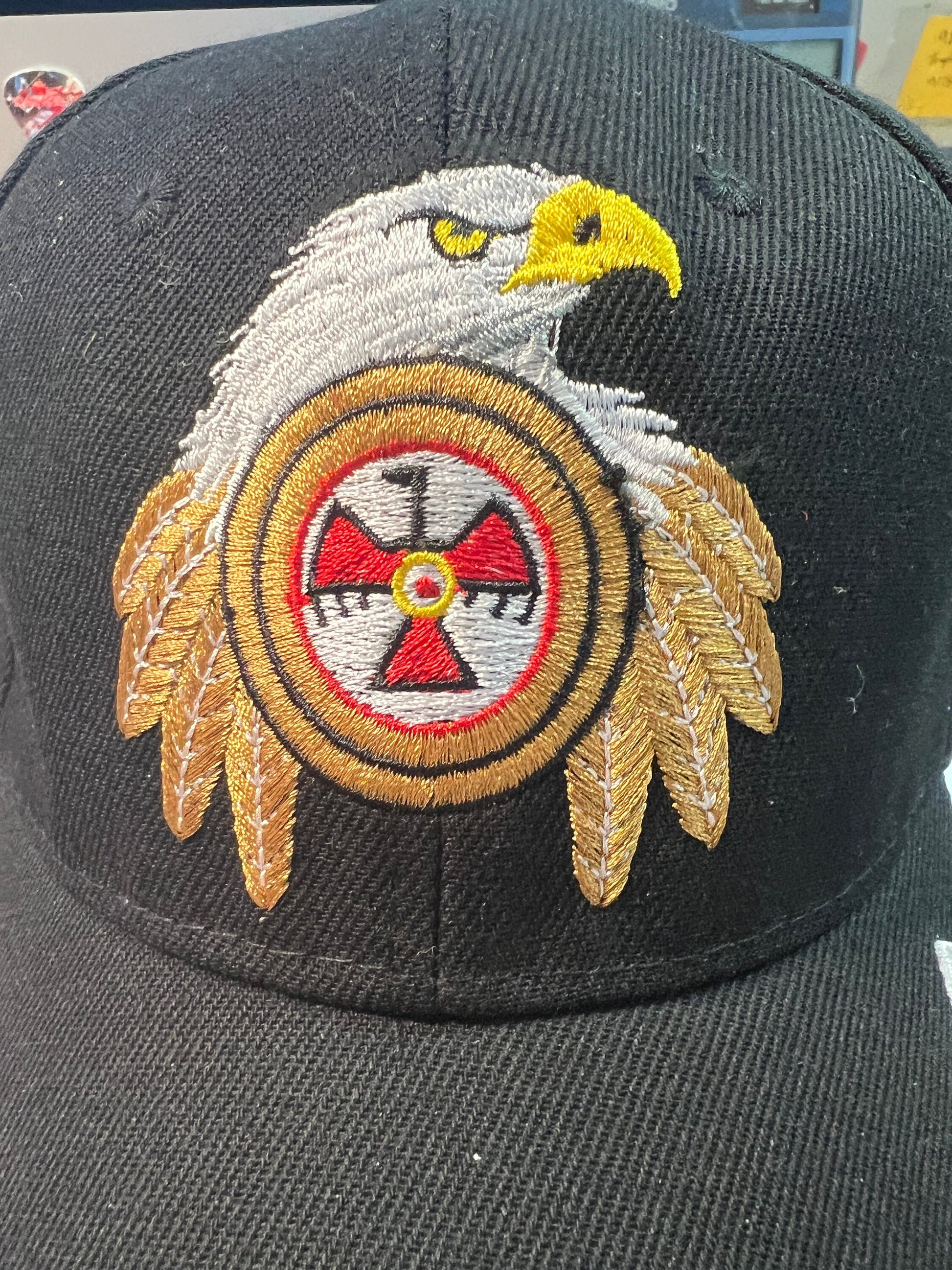 Native Pride Cap, Featuring Eagle Golden Feather Native American Symbol, Embroidered, Black (One Size Fits Most) velcro adjustable strap