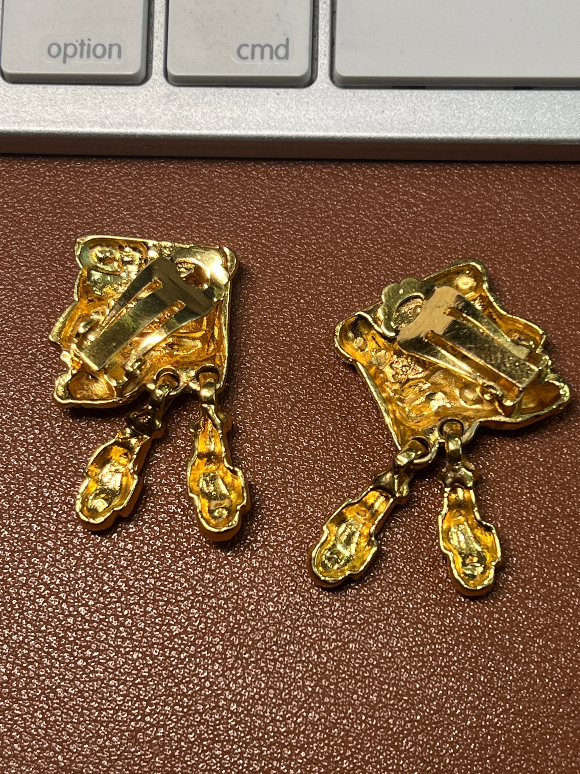 Aztec or Mayan style Earrings by Salvador Teran for Marbel SA Mexico, gold plated Clip-On (#1)