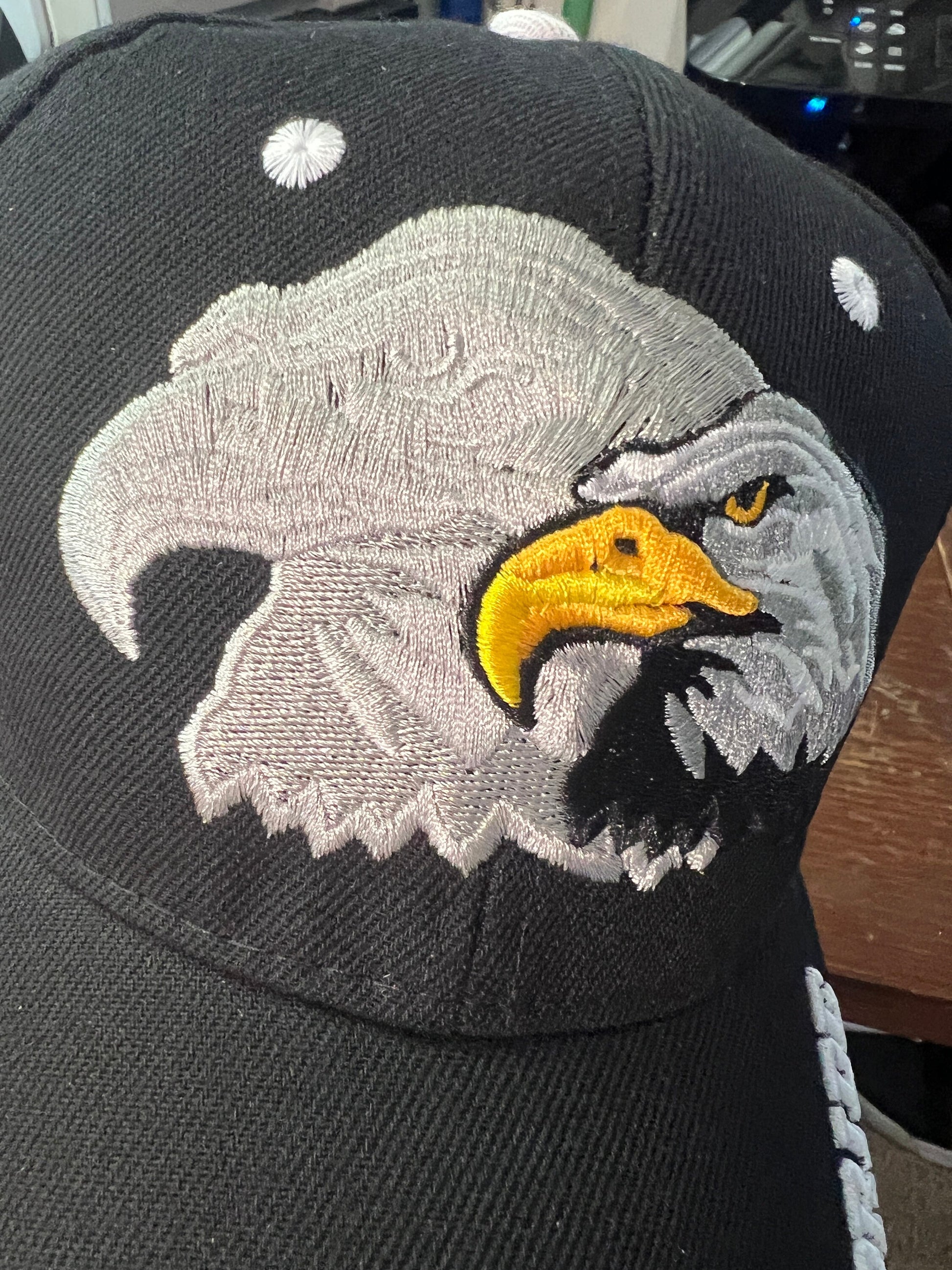 Native Pride Cap, Featuring Bald Eagle and Silver Silhouette, Embroidered, Black (One Size Fits Most) velcro adjustable strap