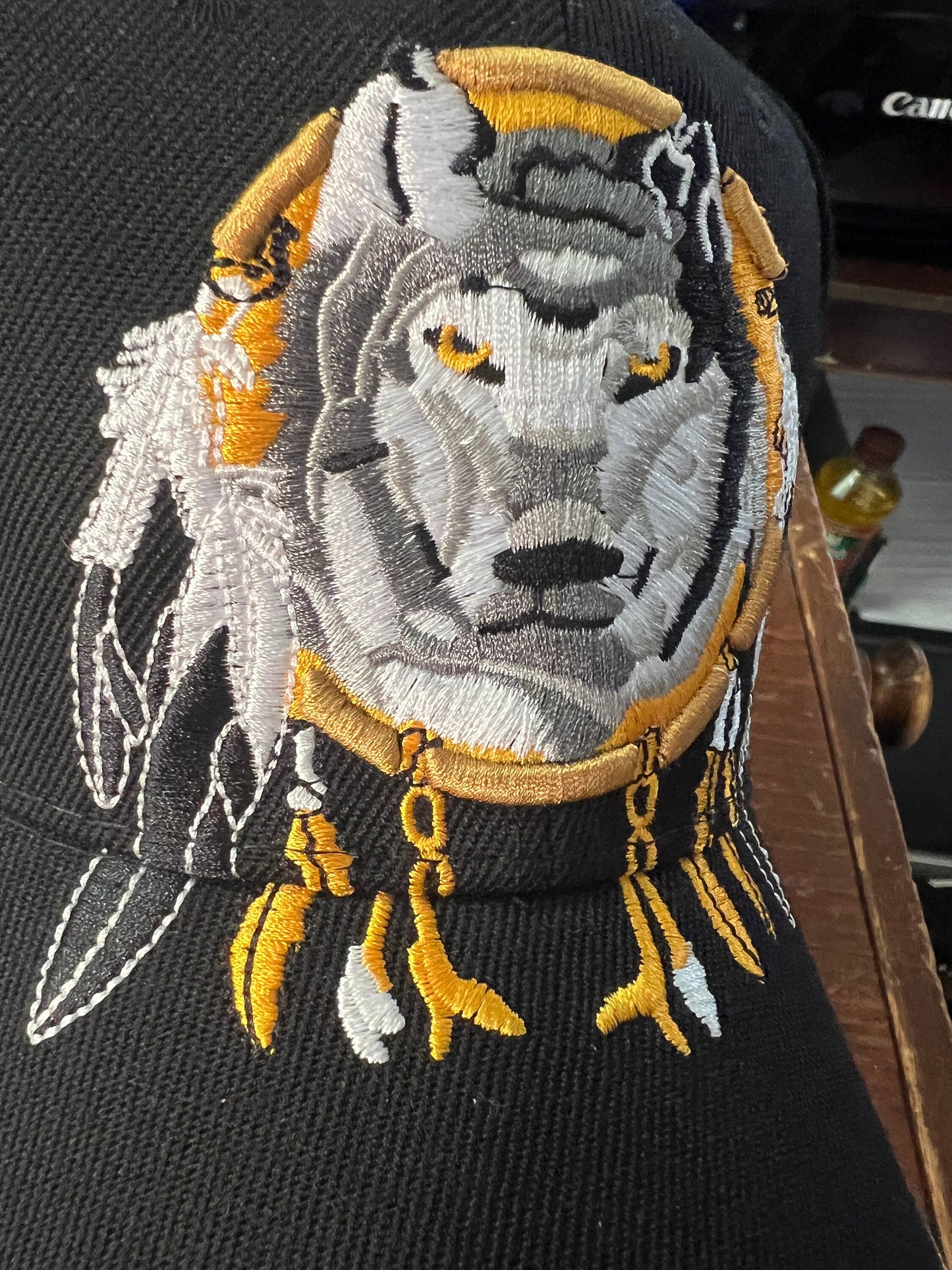 Native Pride Cap, Featuring Wolf Lobo and Silver and Gold Dream Catcher, Embroidered, Black (One Size Fits Most) velcro adjustable strap