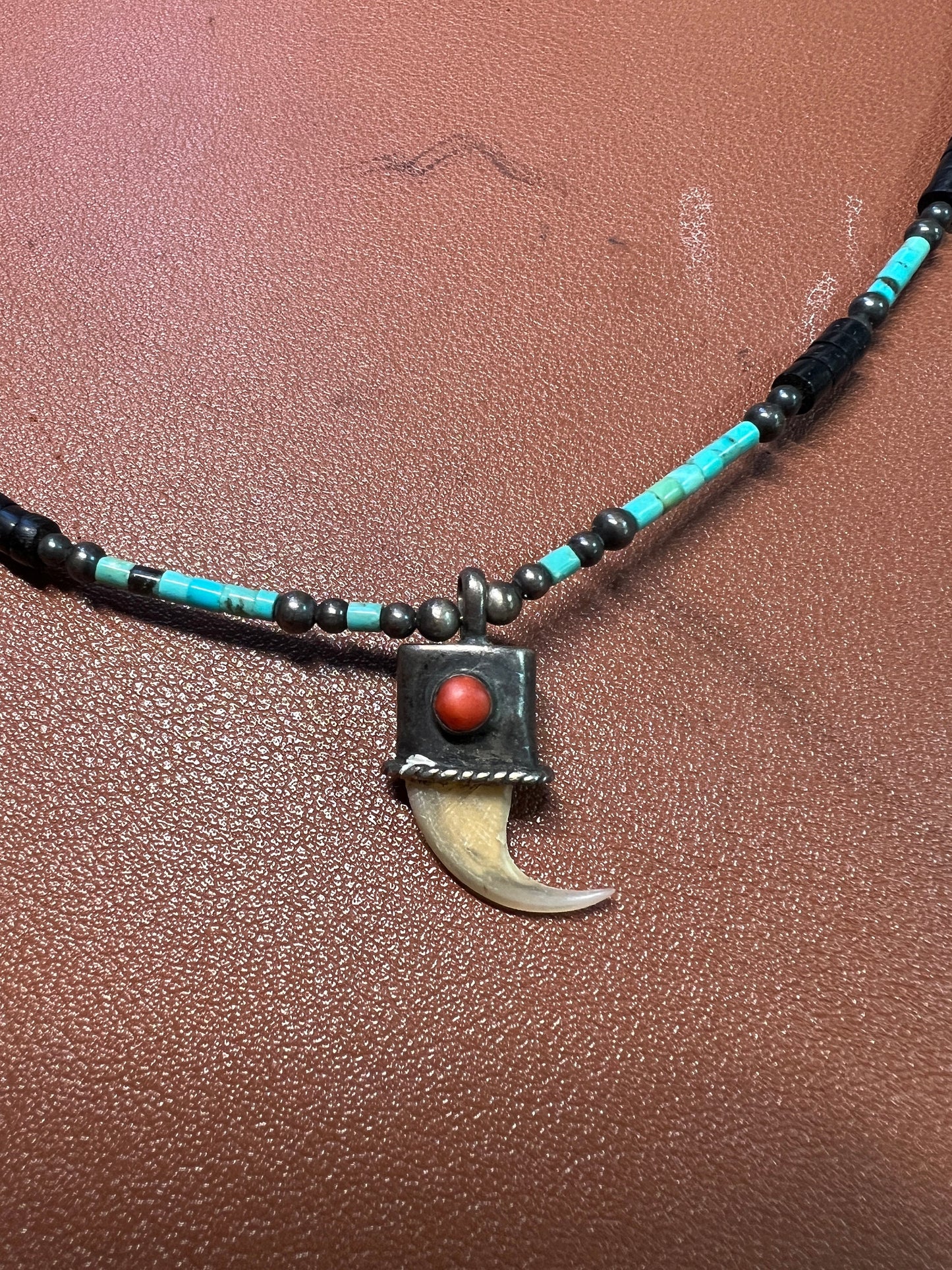 Native American Heishi Beaded Necklace with Claw, Turquoise, Sterling Silver, 19", Vintage (#6)