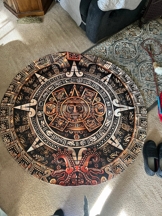 Aztec Floor Mat, Floor Rug, Azteca Calendar, Mexica, Tonatiuh, 4 ft. 10 in. diameter (across), soft, artful