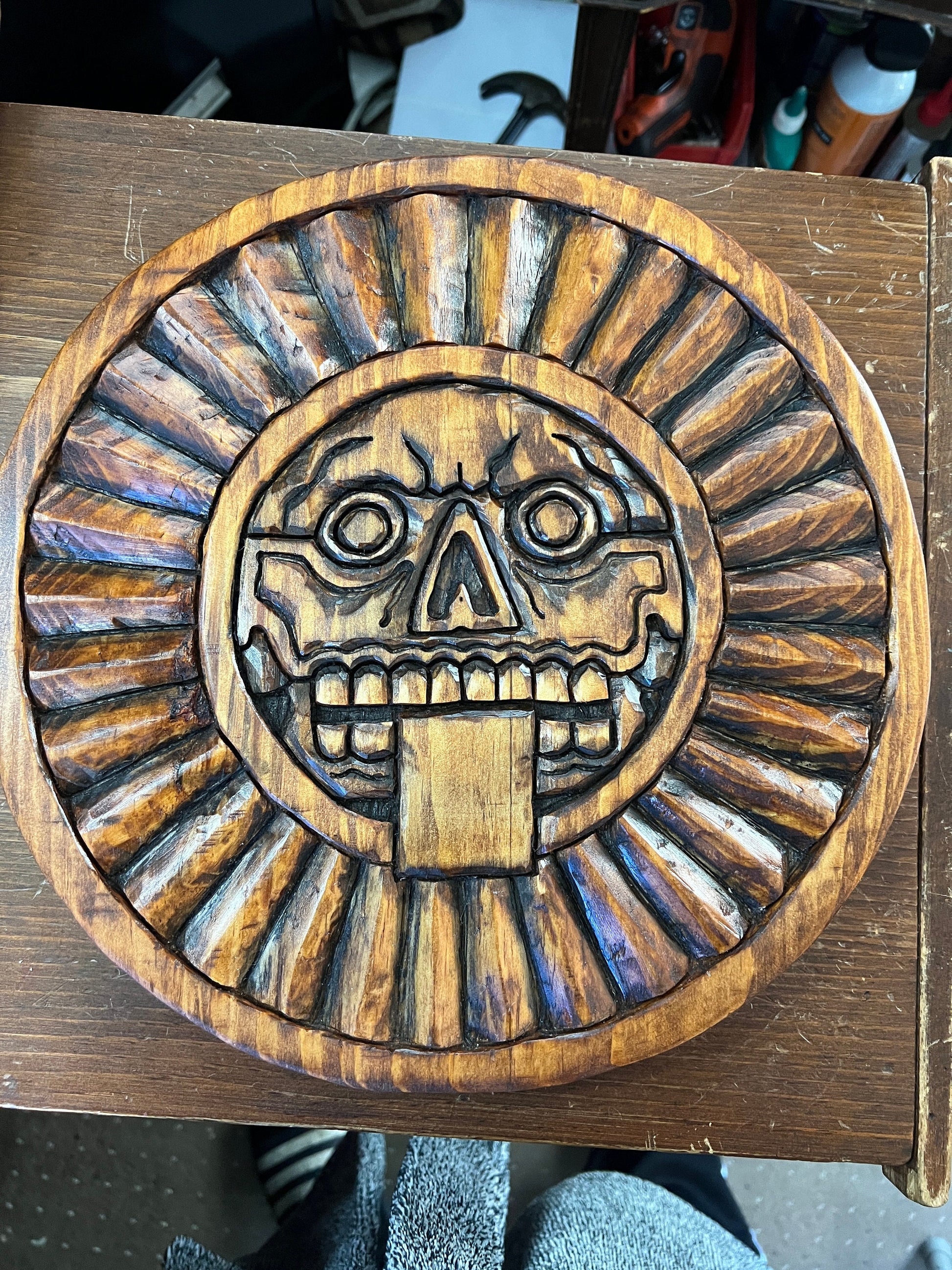 Stone of Death, Piedra De Muerte, Wood Carving, Micltantecuitli, Skull, Aztec Art, Mexica Tribe Culture, Ethnic Wood Carvings, Mexican