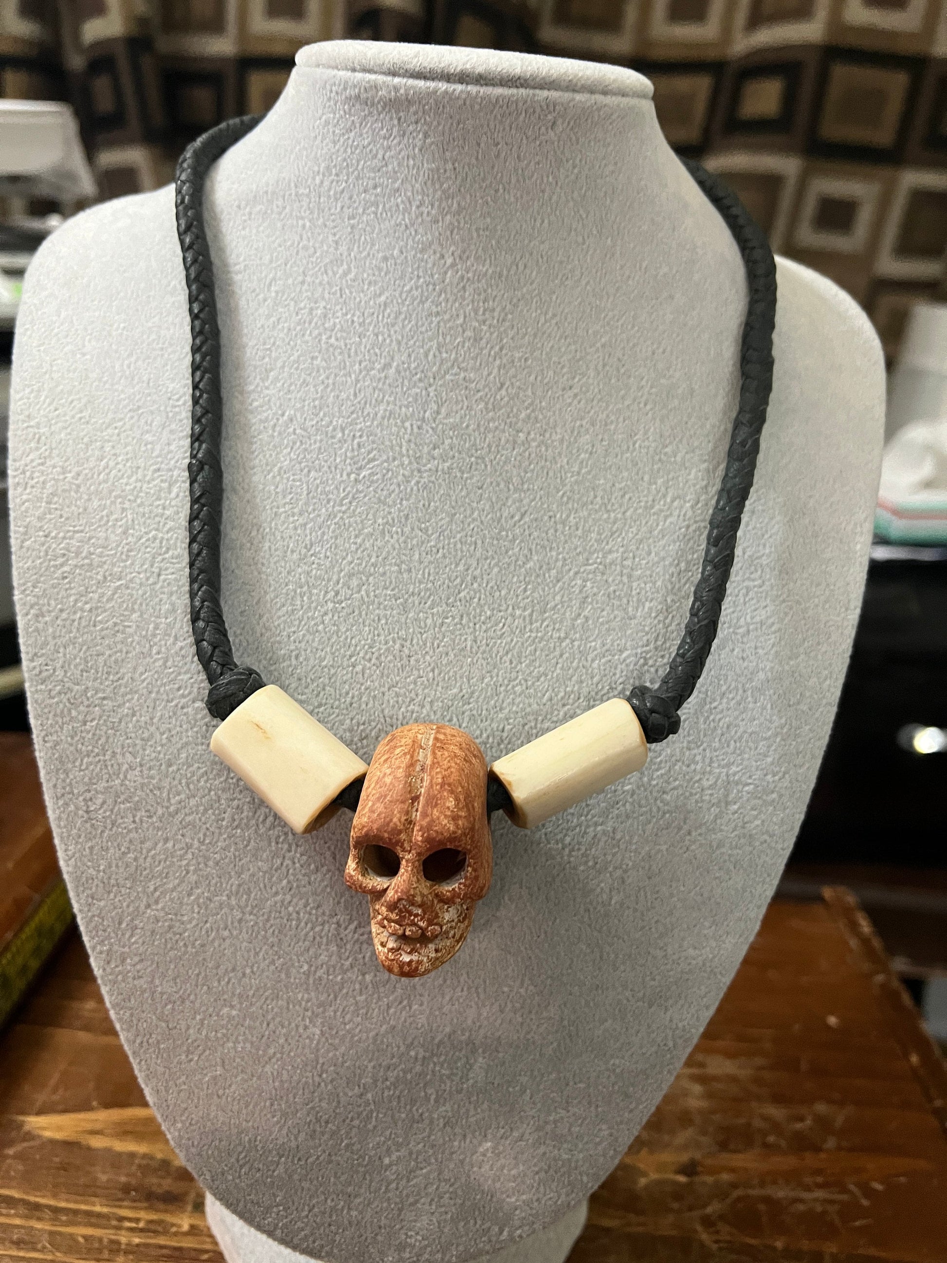 Aztec Skull and Bone Tribal Necklace Made by Hand in Mexico, Deer Bone, Clay Skull, Leather Braided Rope Necklace, 21" long (#13)