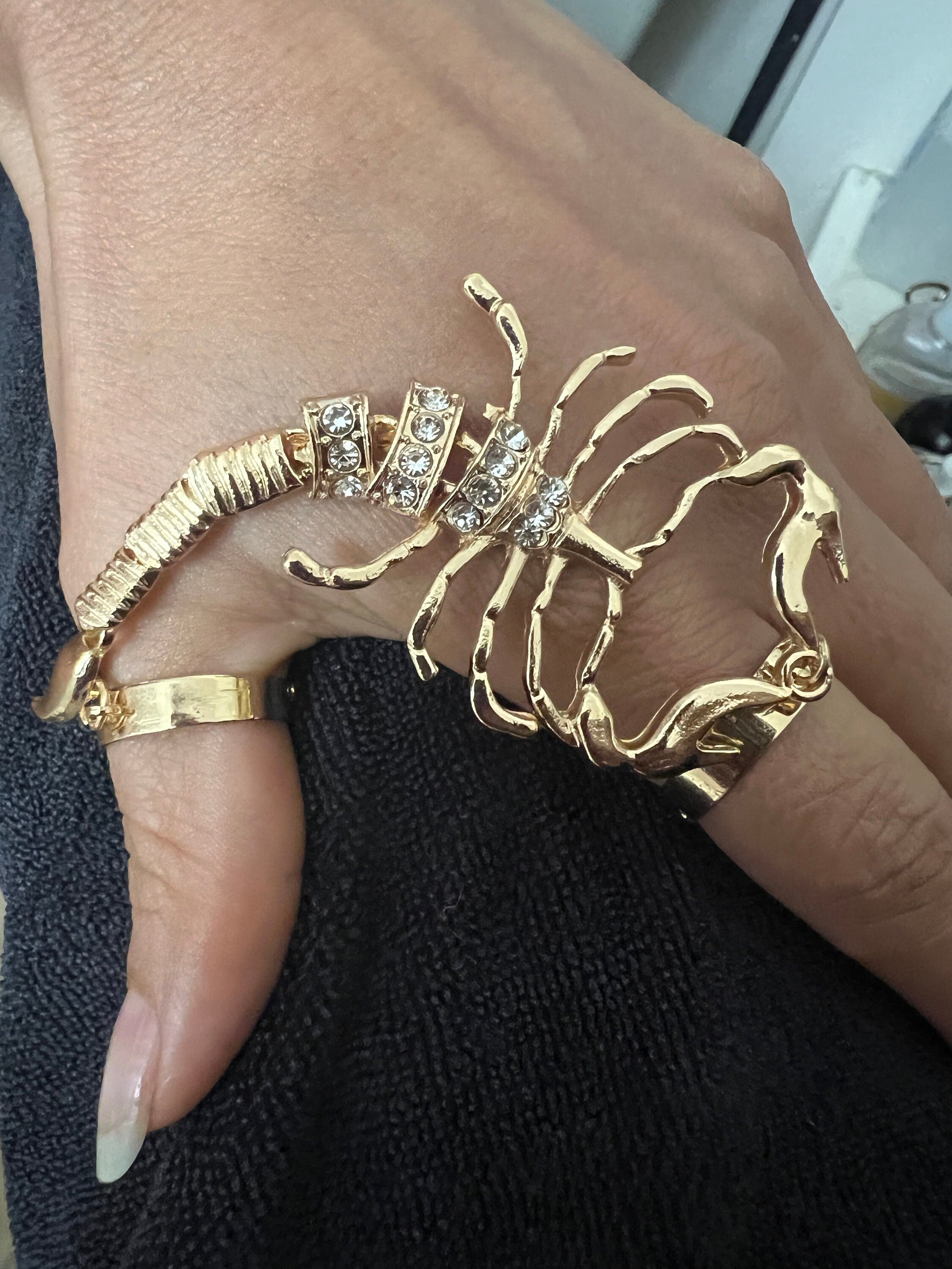 Scorpion Ring with Tail Stinger, Fashion Diamonds, Gold Tone, Adjustable Rings, Articulating Tail, Size 6-9, Cleopatra Egyptian (#15)