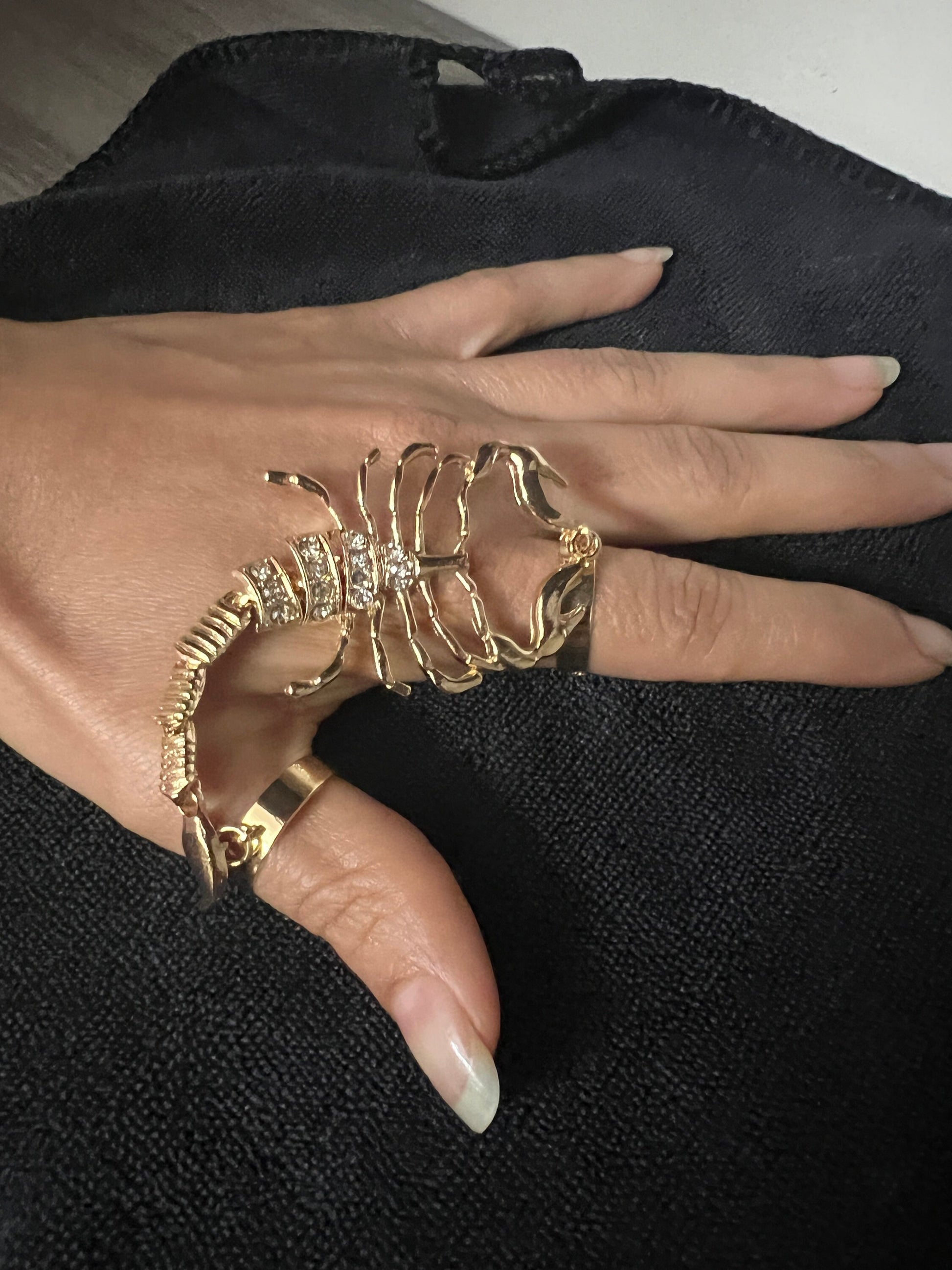 Scorpion Ring with Tail Stinger, Fashion Diamonds, Gold Tone, Adjustable Rings, Articulating Tail, Size 6-9, Cleopatra Egyptian (#15)