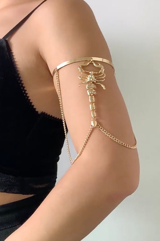 Scorpion Arm Chain Tail Stinger, Fashion Diamonds, Gold Tone, Adjustable, Articulating Tail, Cosplay, Cleopatra, Egyptian, alloy (#15)