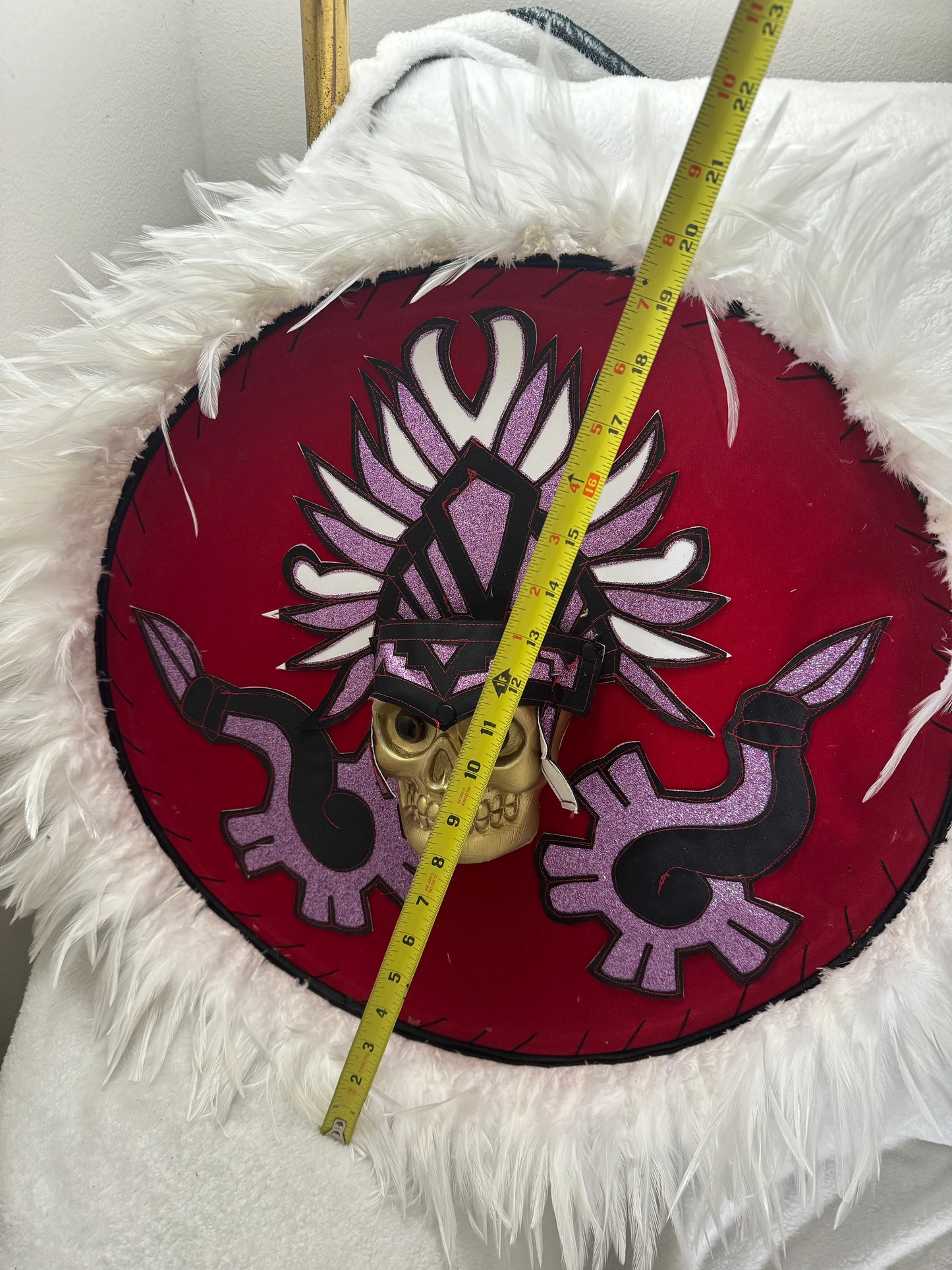 3D Danzante Azteca Mictlantecuitli Shield, Chimalli, Red Purple, Aztec Dance Shield, Aztec Skull, Mexica, Pow Wow, Indigenous Feathers, 22"