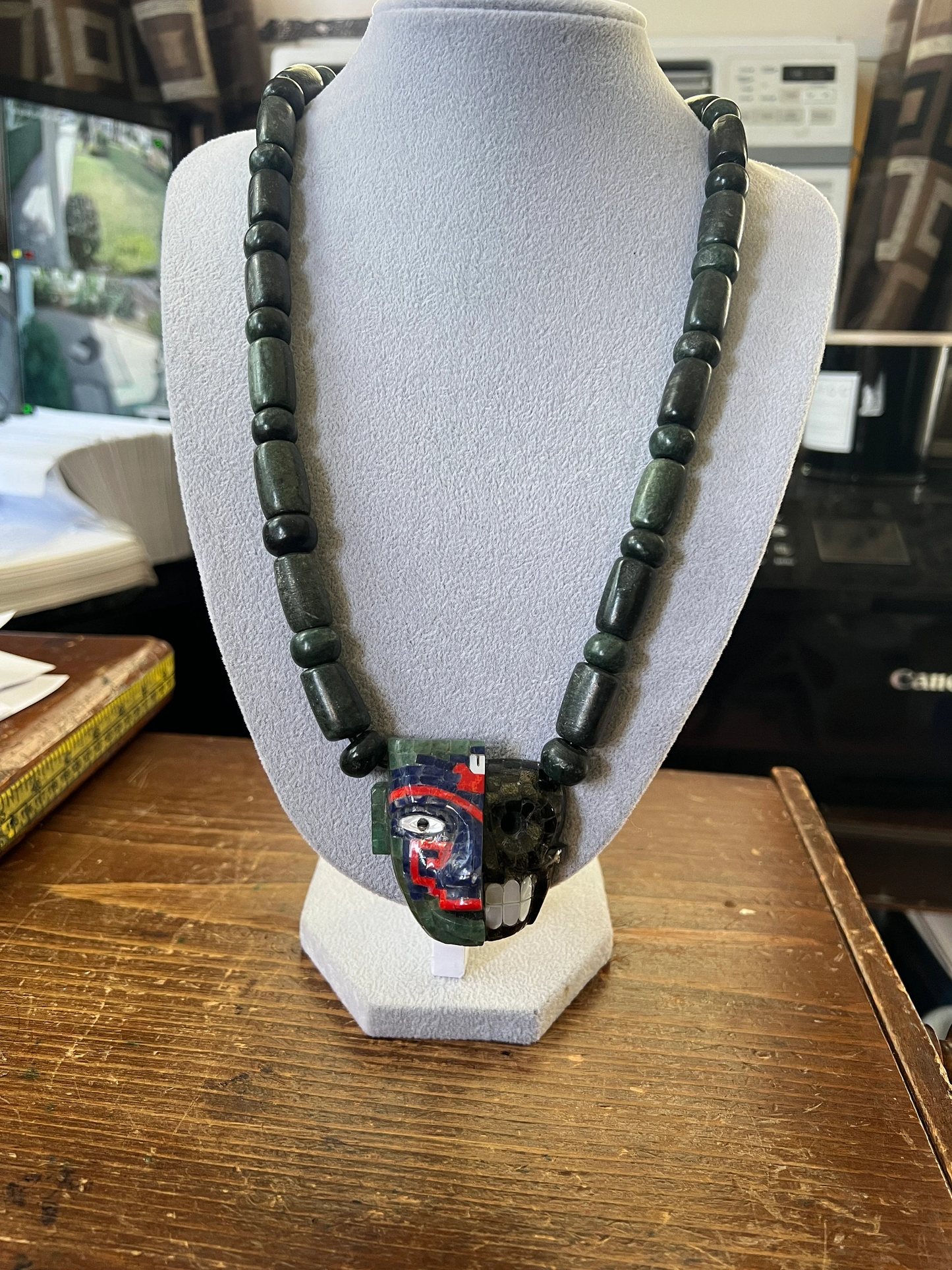 Life and Death Aztec Death Mask Necklace, Jade, Mother of Pearl, Black Gold Obsidian, 27" plus Adjustable Necklace, Mayan, Mexican (#13)