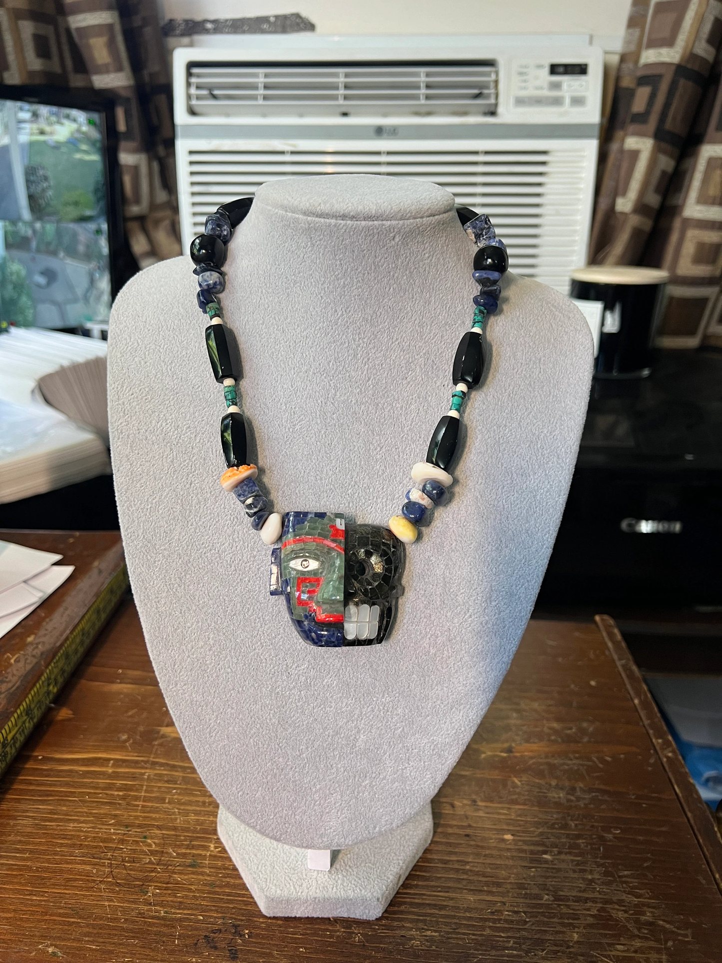 Life and Death Aztec Death Mask Necklace, Jade, Mother of Pearl, Black Gold Obsidian, 18", Mayan, Mexican, Mexican, Indigenous Jewelry (#14)
