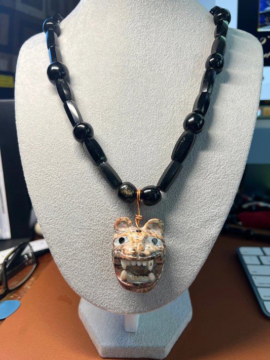 Jaguar Pendant Chalcedony Stone, White Abalone Shell, Obsidian Beaded Necklace, Aztec, Mexica, Mayan, 26 plus in. long, Rare, Mexico (#13)