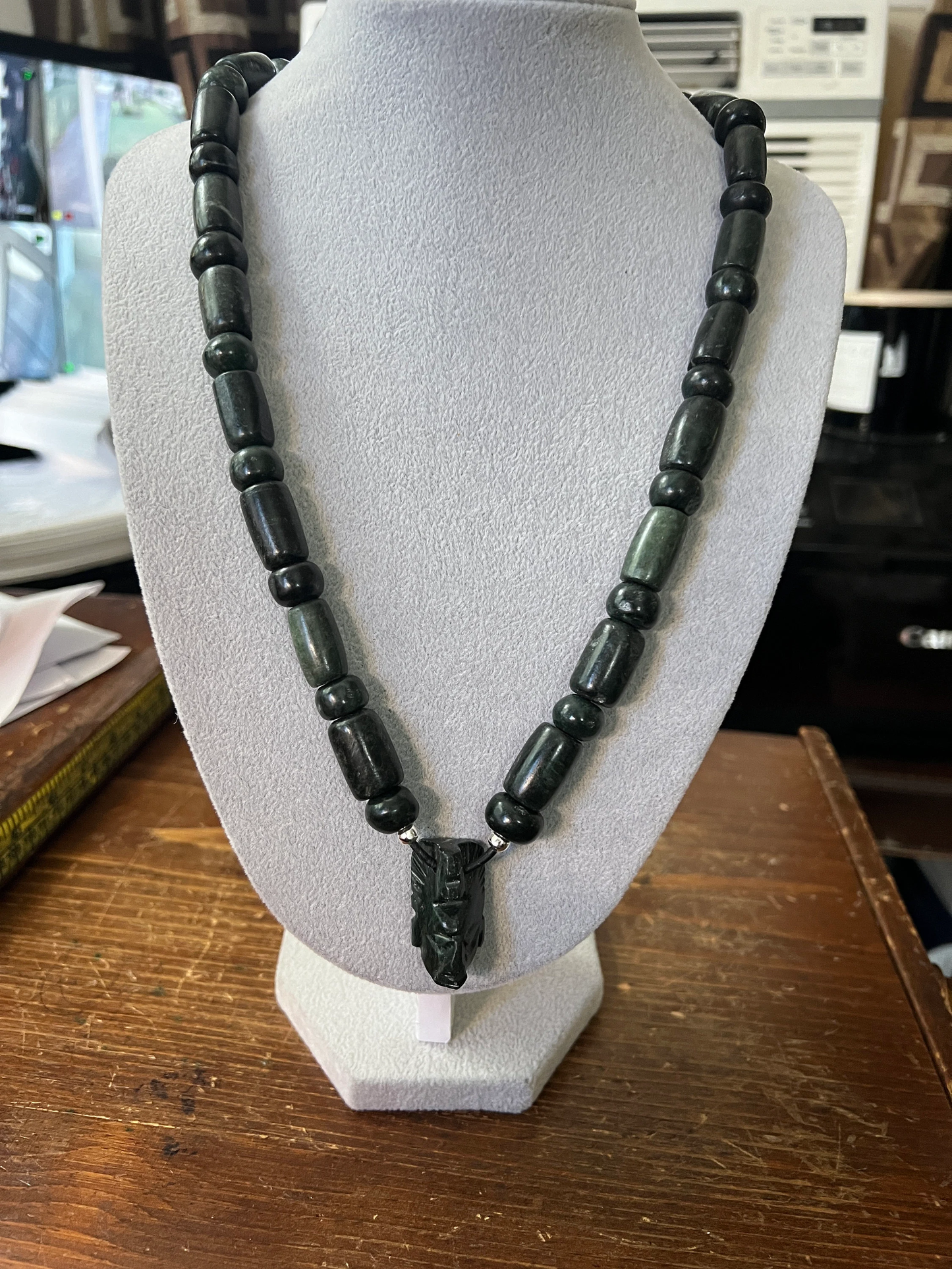 Jade Mayan Face Pendant with Jade Beads, with leather rope line and slip knots, Mexico, Cancun, Yucatan, Tribal, Indigenous, Authentic #A-16