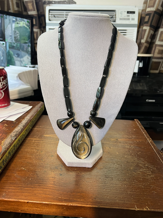 Aztec Nahuatl Speech Symbol Necklace Golden Sheen and Black Obsidian from Mexico, Teotihuacan, Rare, Unique, One of a Kind, 24 + in.  (#13)