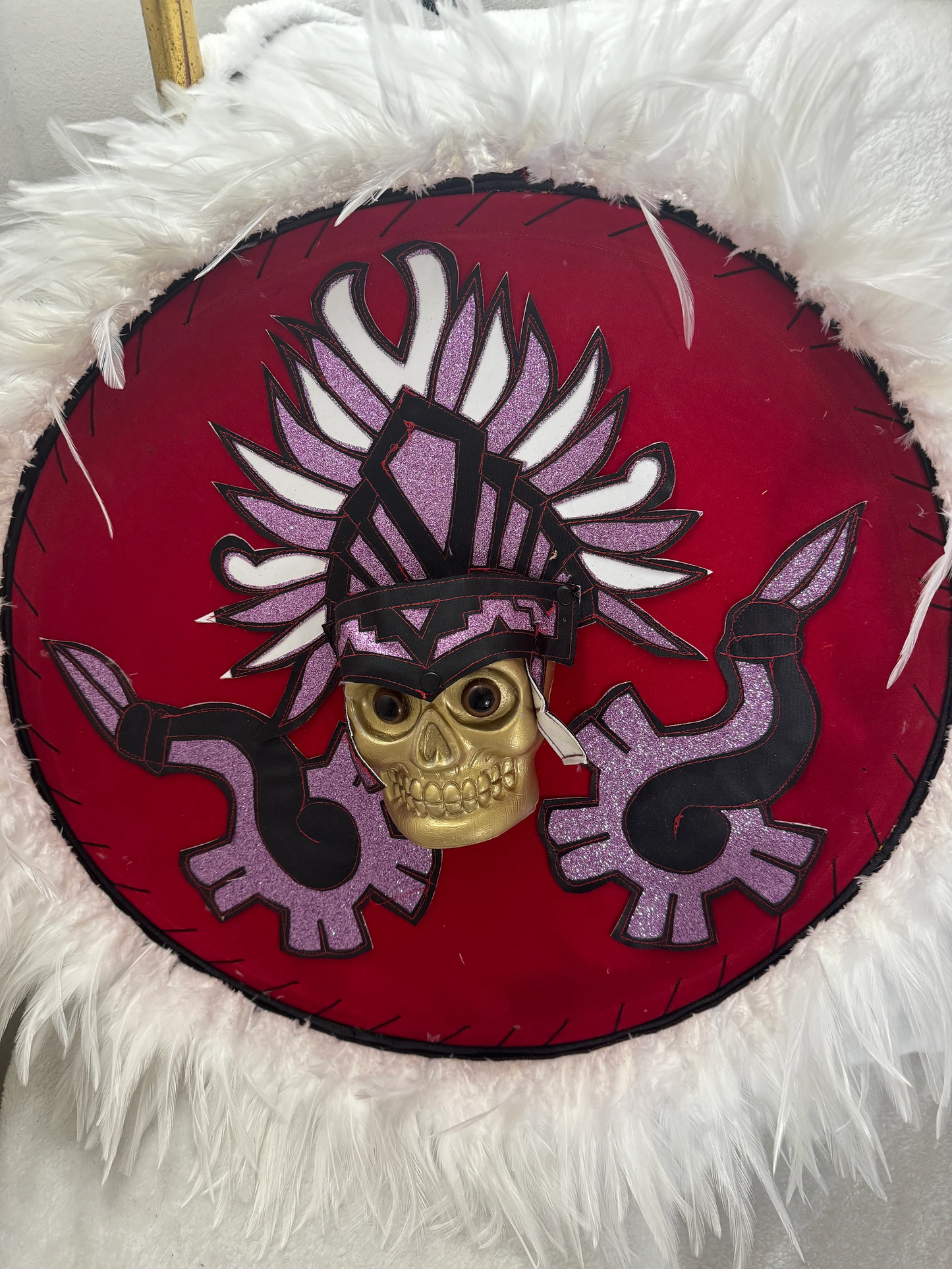 3D Danzante Azteca Mictlantecuitli Shield, Chimalli, Red Purple, Aztec Dance Shield, Aztec Skull, Mexica, Pow Wow, Indigenous Feathers, 22"