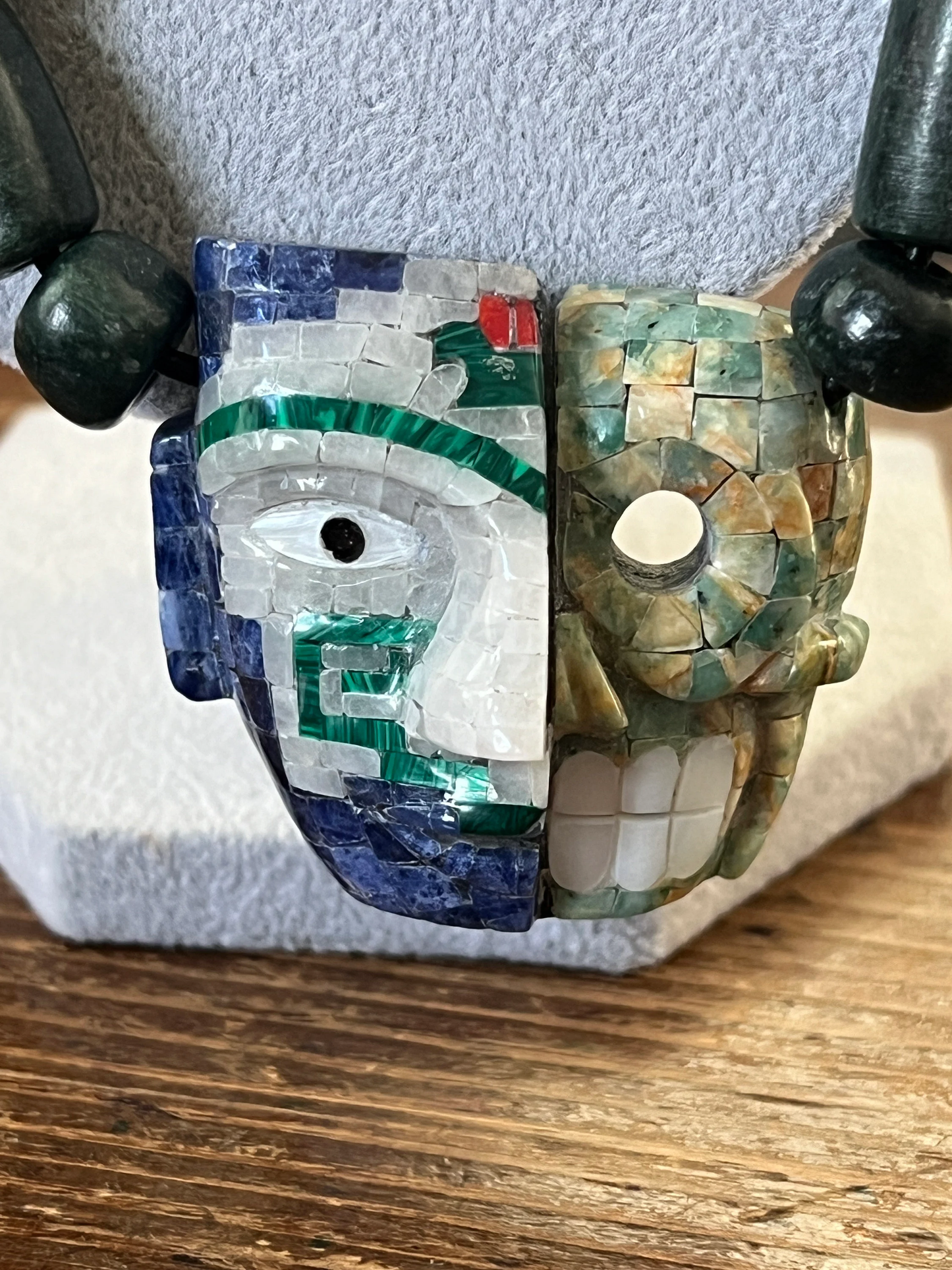 Life and Death Aztec Death Mask Necklace, Jade, Mother of Pearl, Parakeet Jade, Blue Soladite, Obsidian, 28" Necklace, Mayan (#15)