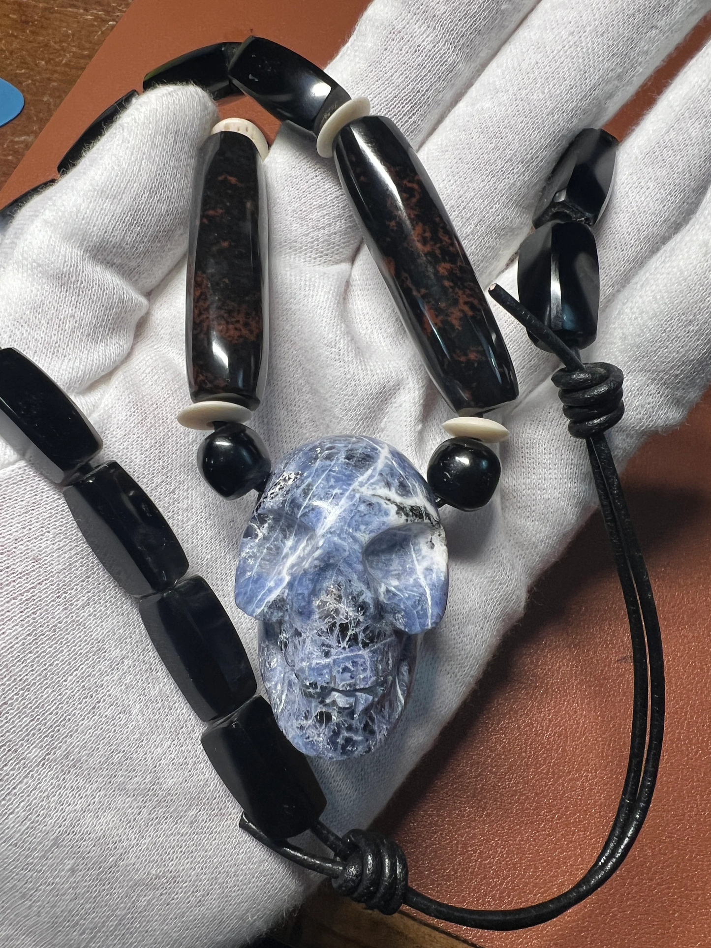 The Blue Skull Pendant, Sodalite Azul, Mahagany and Black Obsidian, one of a kind Necklace, indigenous made in Mexico, 28 plus in. (#18))