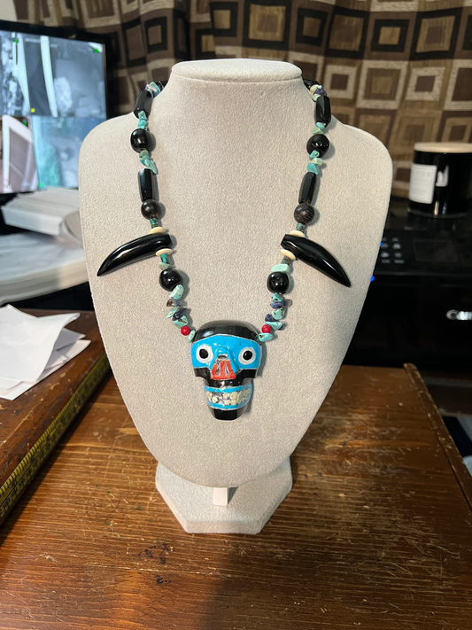 Tezcatlipoca Obsidian, Obsidian, Turquoise, Red Coral, Mother of Pearl and Jade Necklace, Vintage Version, Fang Shaped Obsidian, 19 in. (#C)