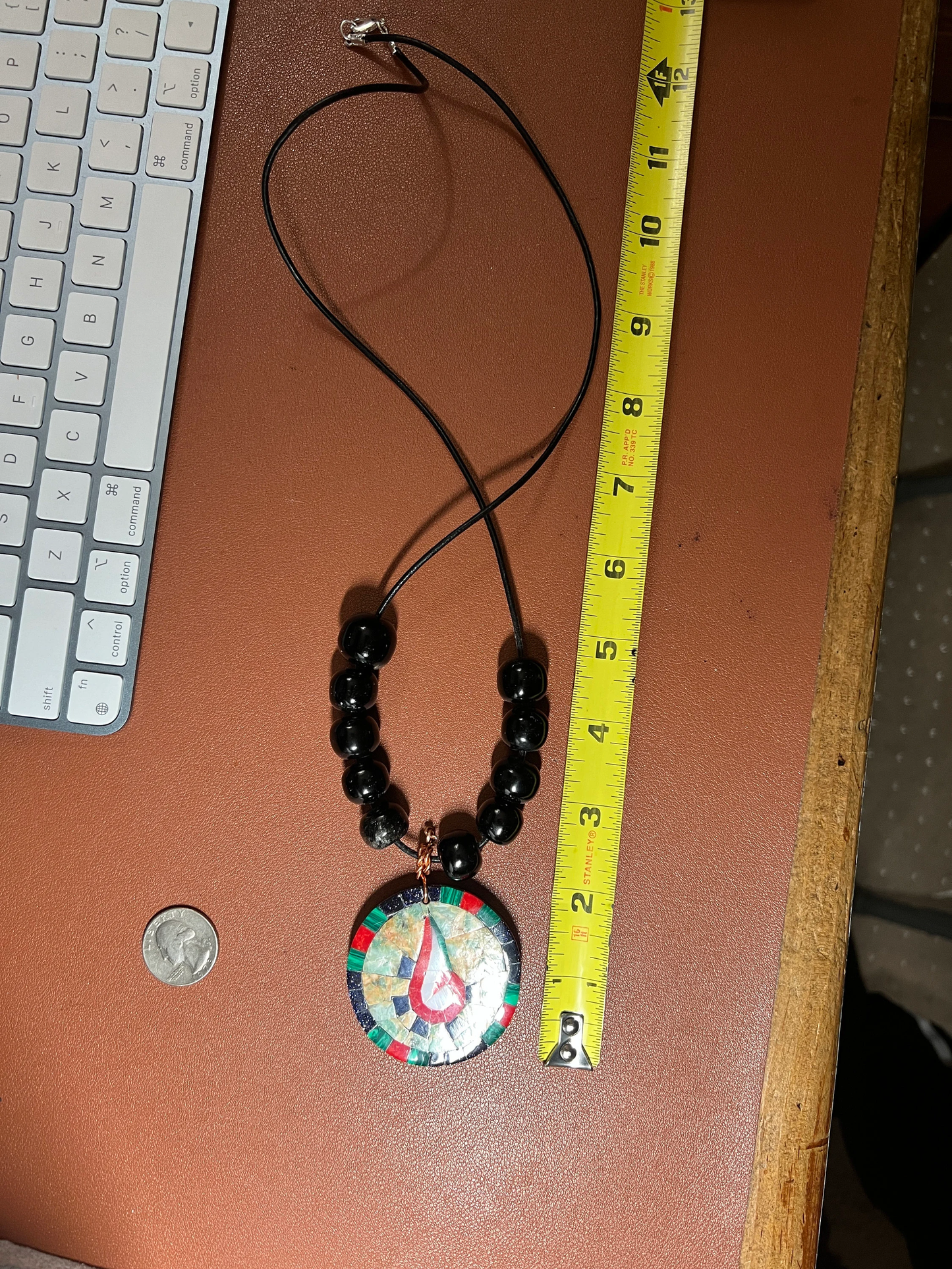 Tenochtitlan Ute-Azteca Nahuatl Speech Symbol Pendant Necklace, Obsidian, Beads, Parakeet Turquoise, Nacre, Coral, Handmade in Mexico (#15)