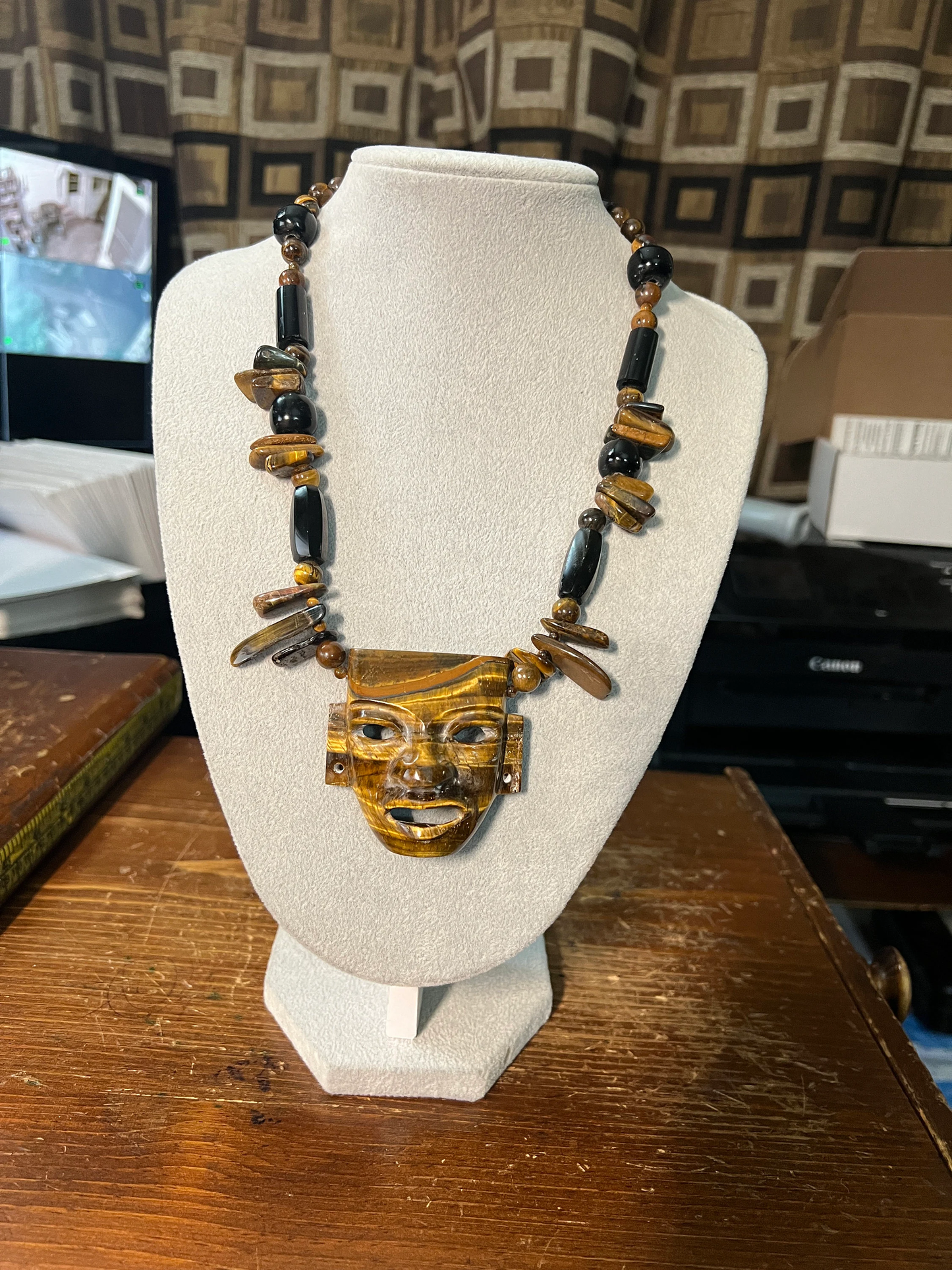 Large Teotihuacan Face Mask Tiger Eye Stone Pendant Necklace, 20", Obsidian Beads, Handmade, Ritual Necklace Rare, Golden, Aztec, Maya (#15)